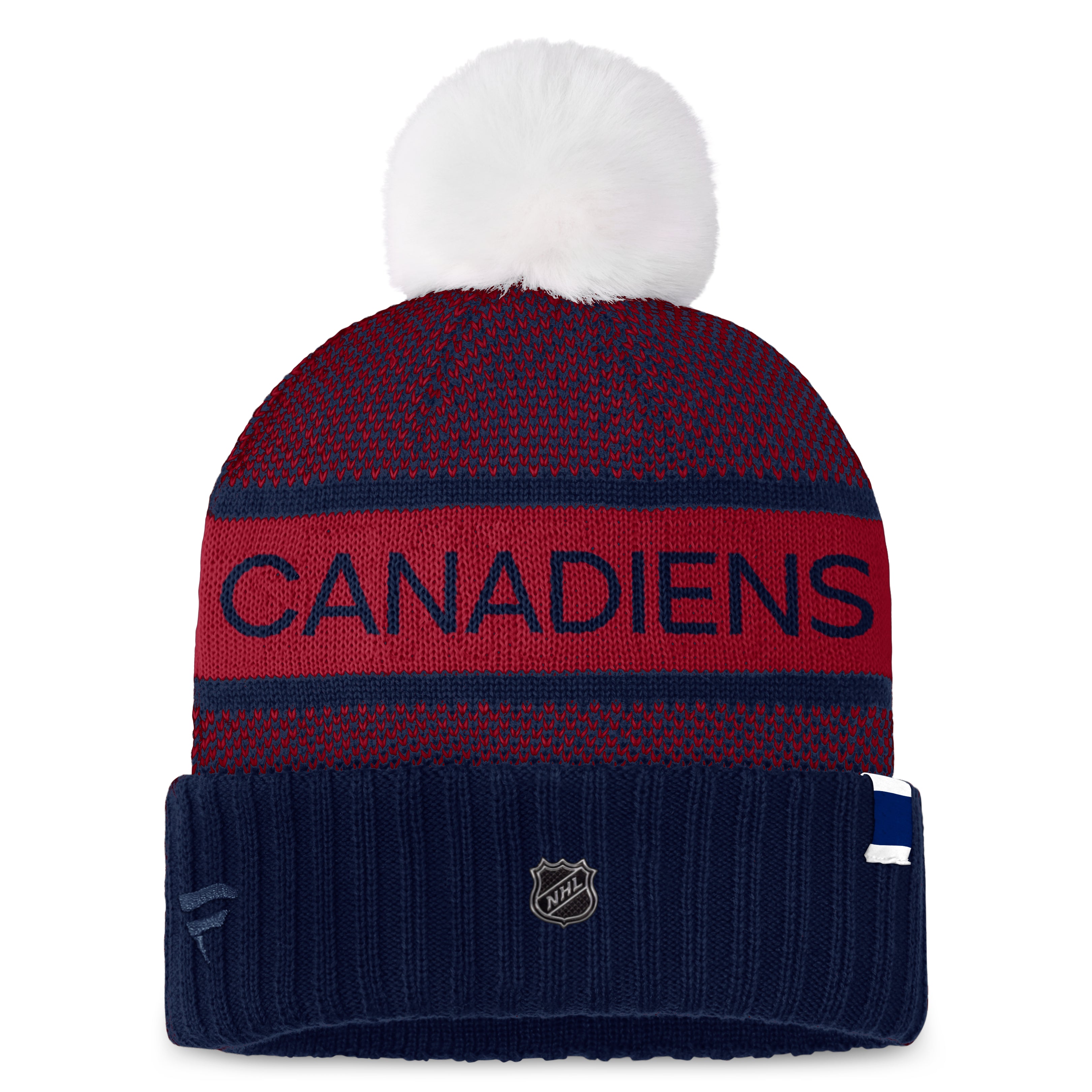 Montreal Canadiens NHL Fanatics Branded Women's Navy/Red Authentic Pro Rink Cuff Pom Knit Hat
