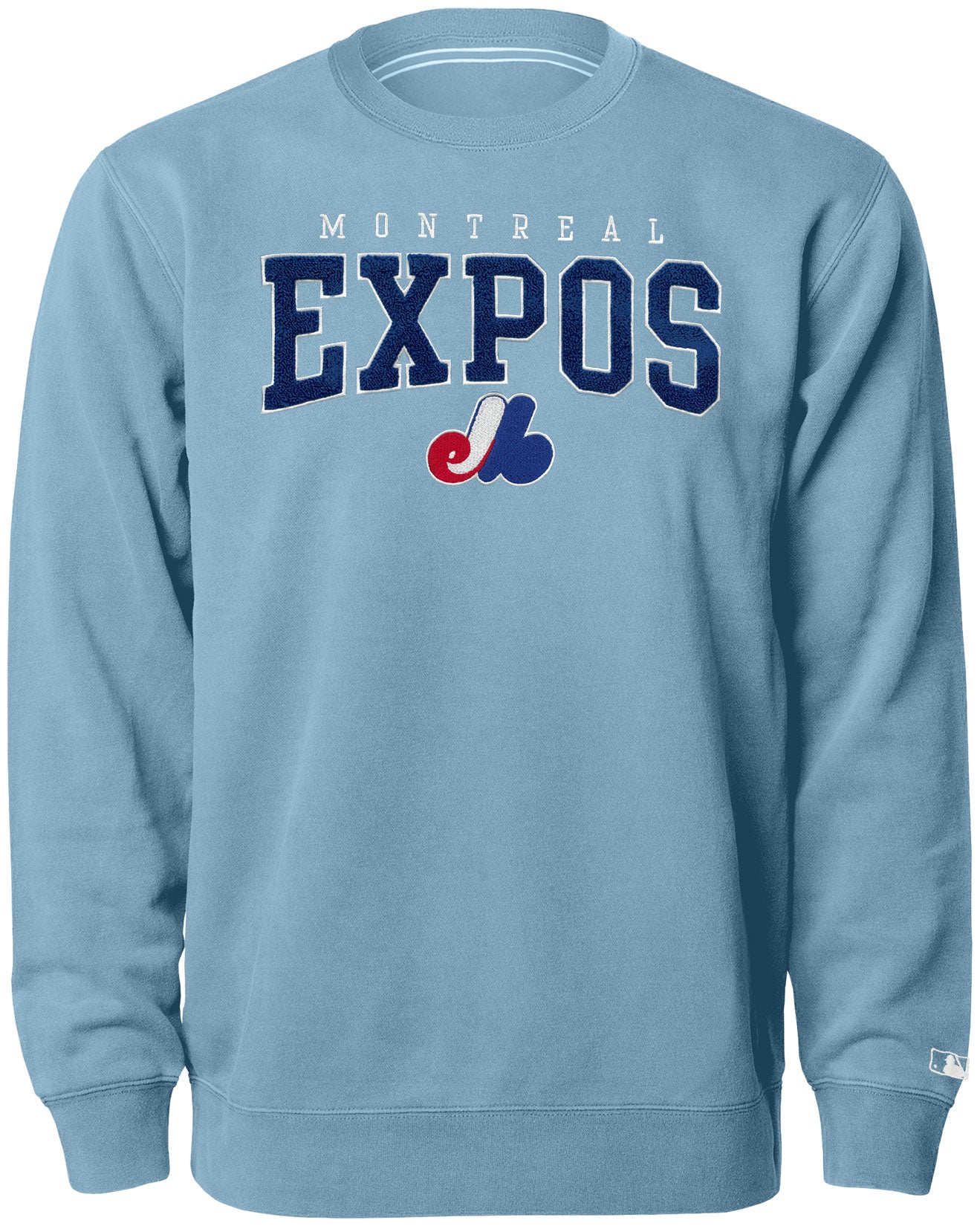 Montreal Expos MLB Bulletin Men's Light Blue Match Up Chenille Premium Crew Sweater