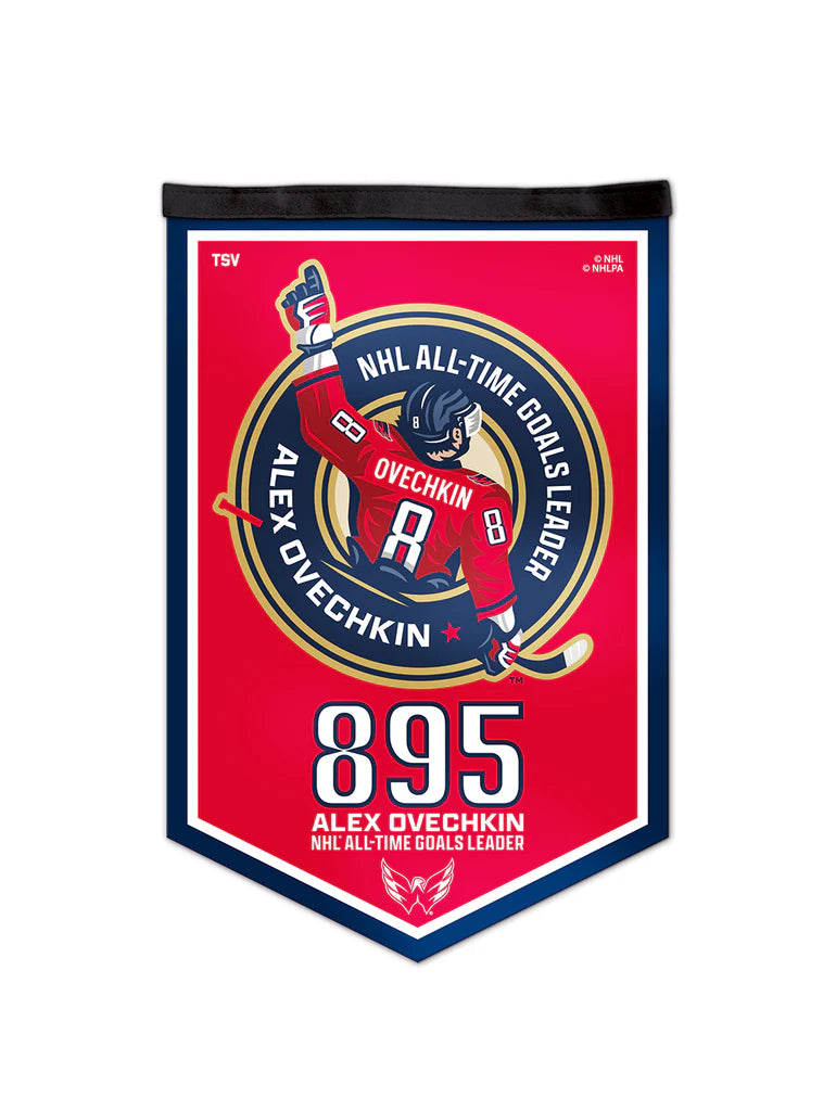 Bannière de l'équipe de la victoire en feutre 12"x18" d'Alex Ovechkin, leader des buts de tous les temps de la LNH TSV 895 des Capitals de Washington