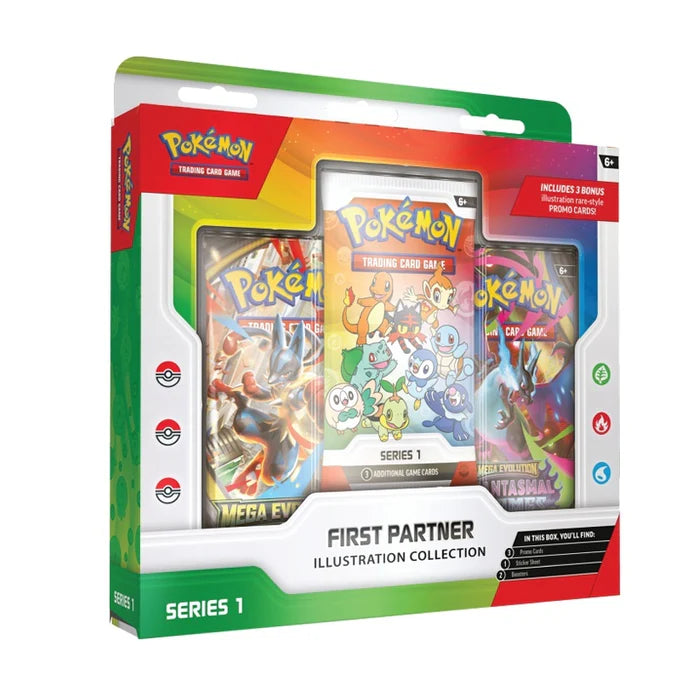 Série 1 de la collection d'illustrations des premiers partenaires de l'évolution méga Pokémon TCG