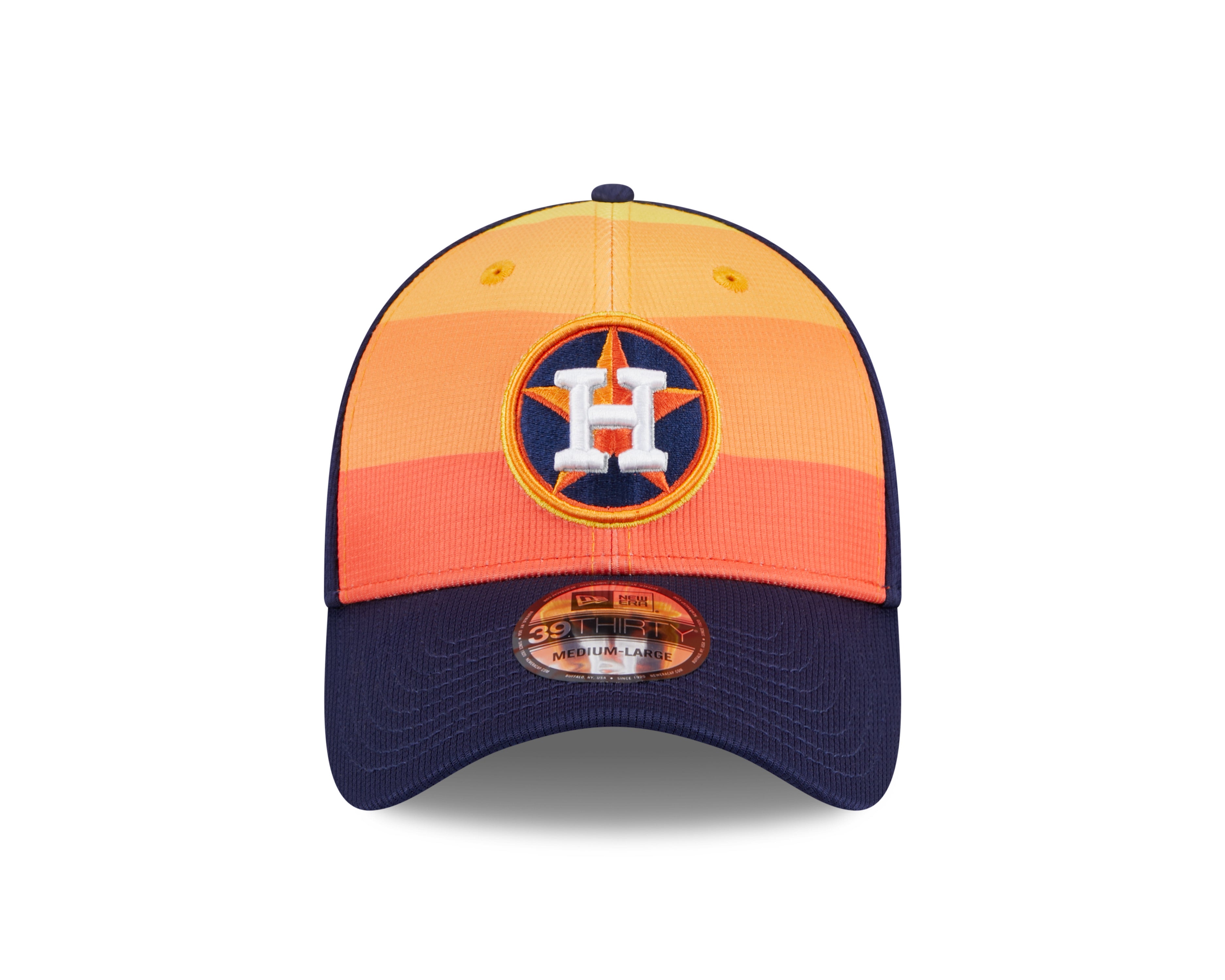 Casquette extensible pour entraînement au bâton des Astros de Houston MLB New Era 39Thirty 2024 orange/bleu marine pour hommes