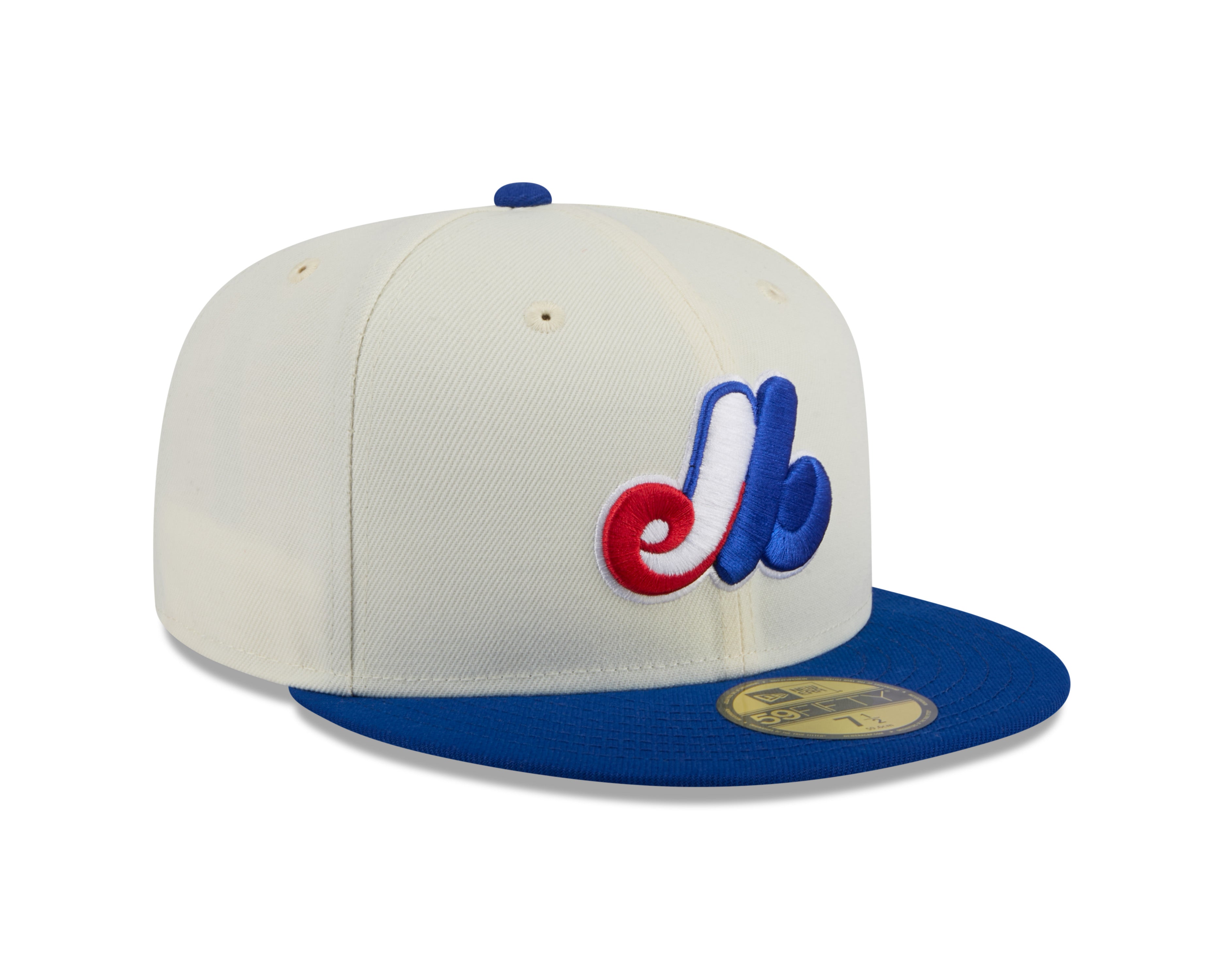 Montreal Expos MLB New Era Men's Off-White/Royal-Blue 59Fifty Evergreen Fitted Hat