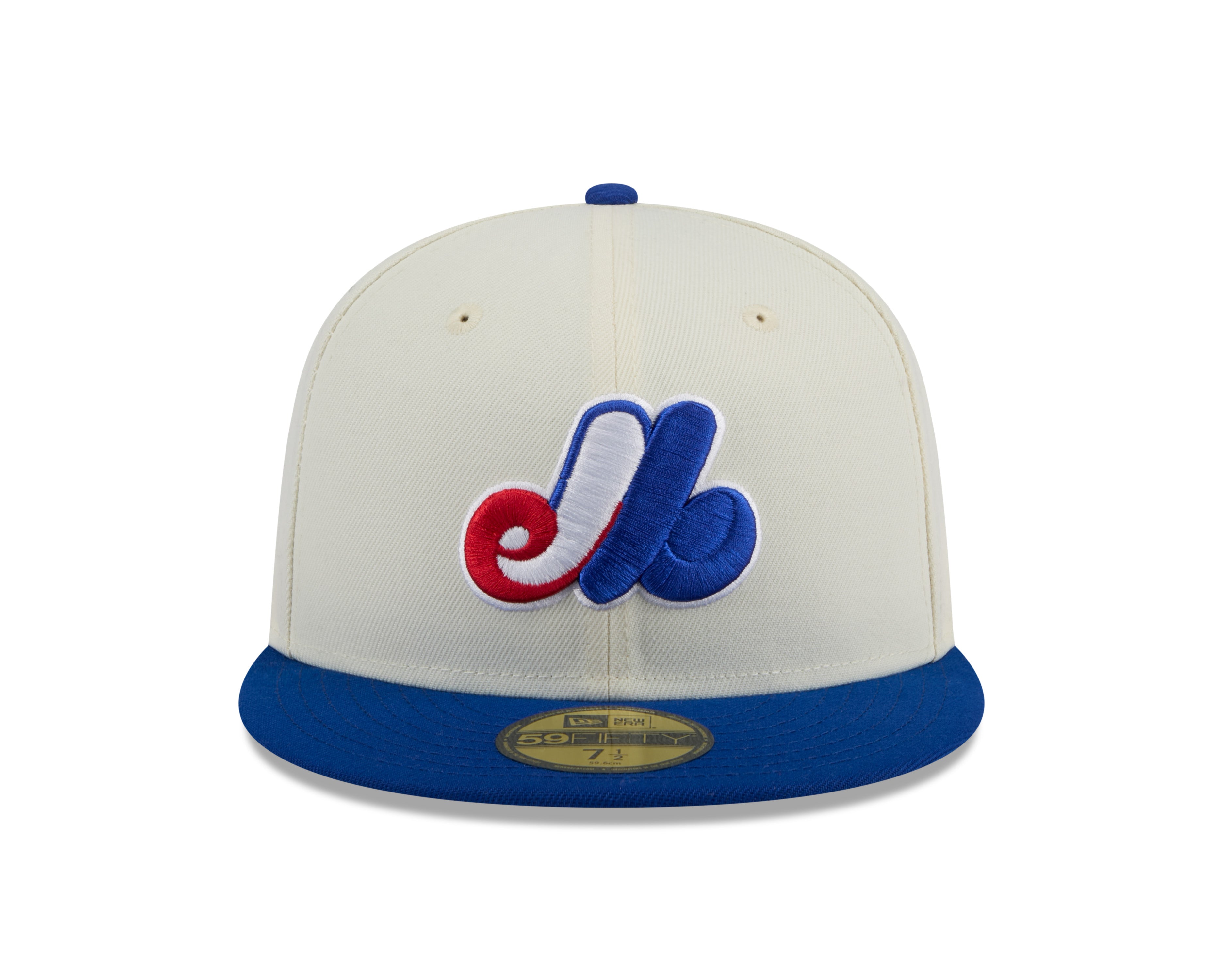 Montreal Expos MLB New Era Men's Off-White/Royal-Blue 59Fifty Evergreen Fitted Hat