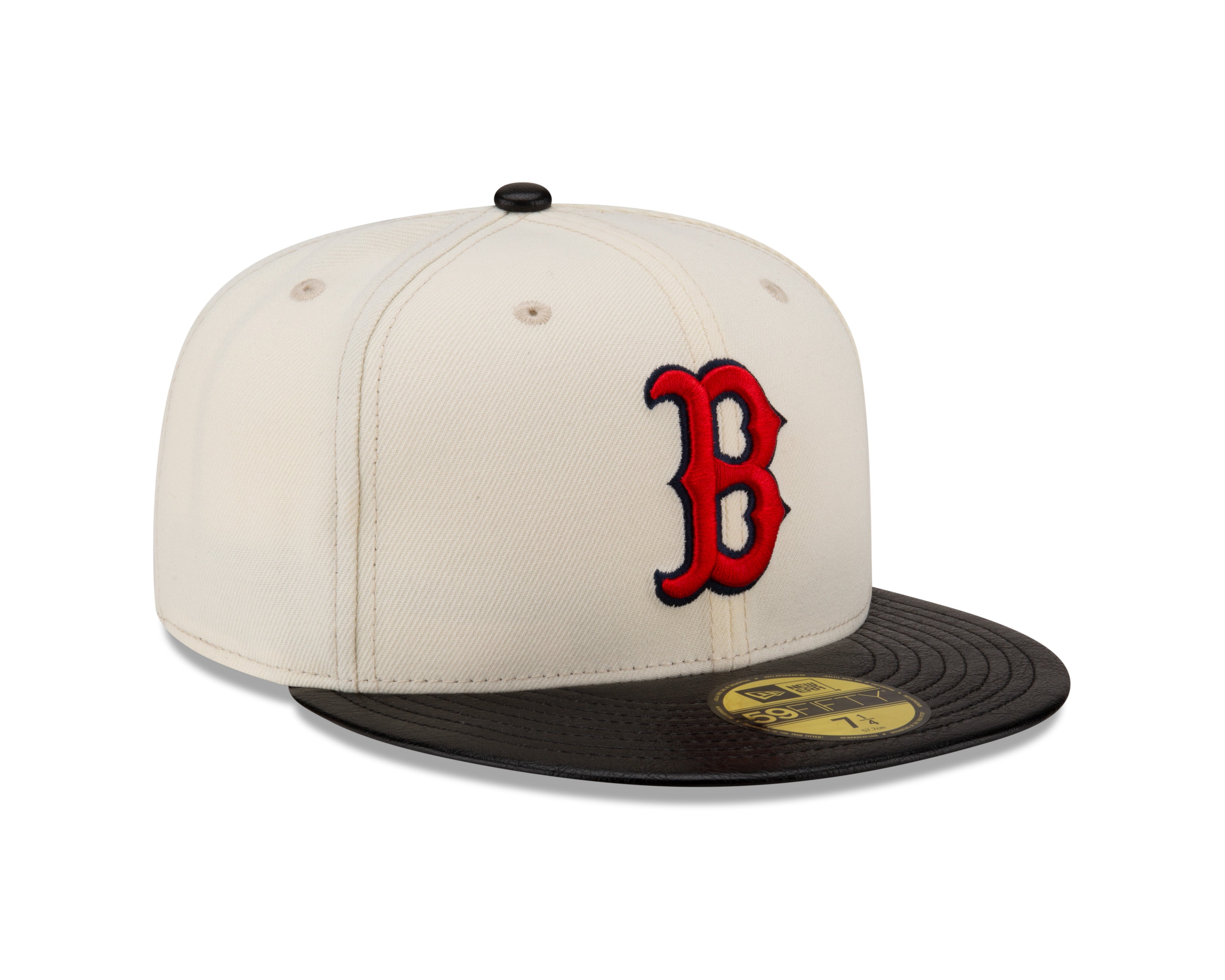Boston Red Sox MLB New Era Men's Off-White 59Fifty Game Night Leather Visor Fitted Hat