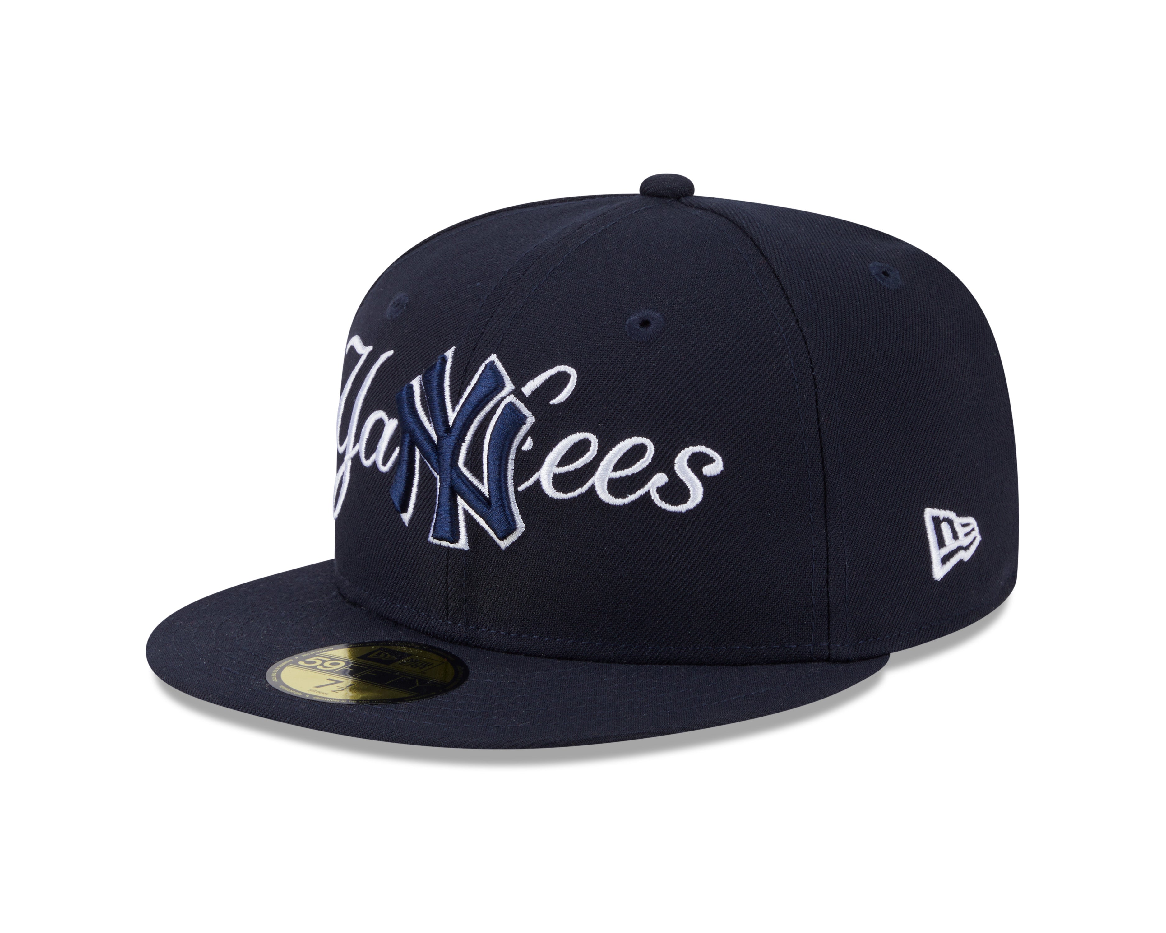 Casquette ajustée New York Yankees MLB New Era 59Fifty Overlap Scipt pour homme bleu marine foncé