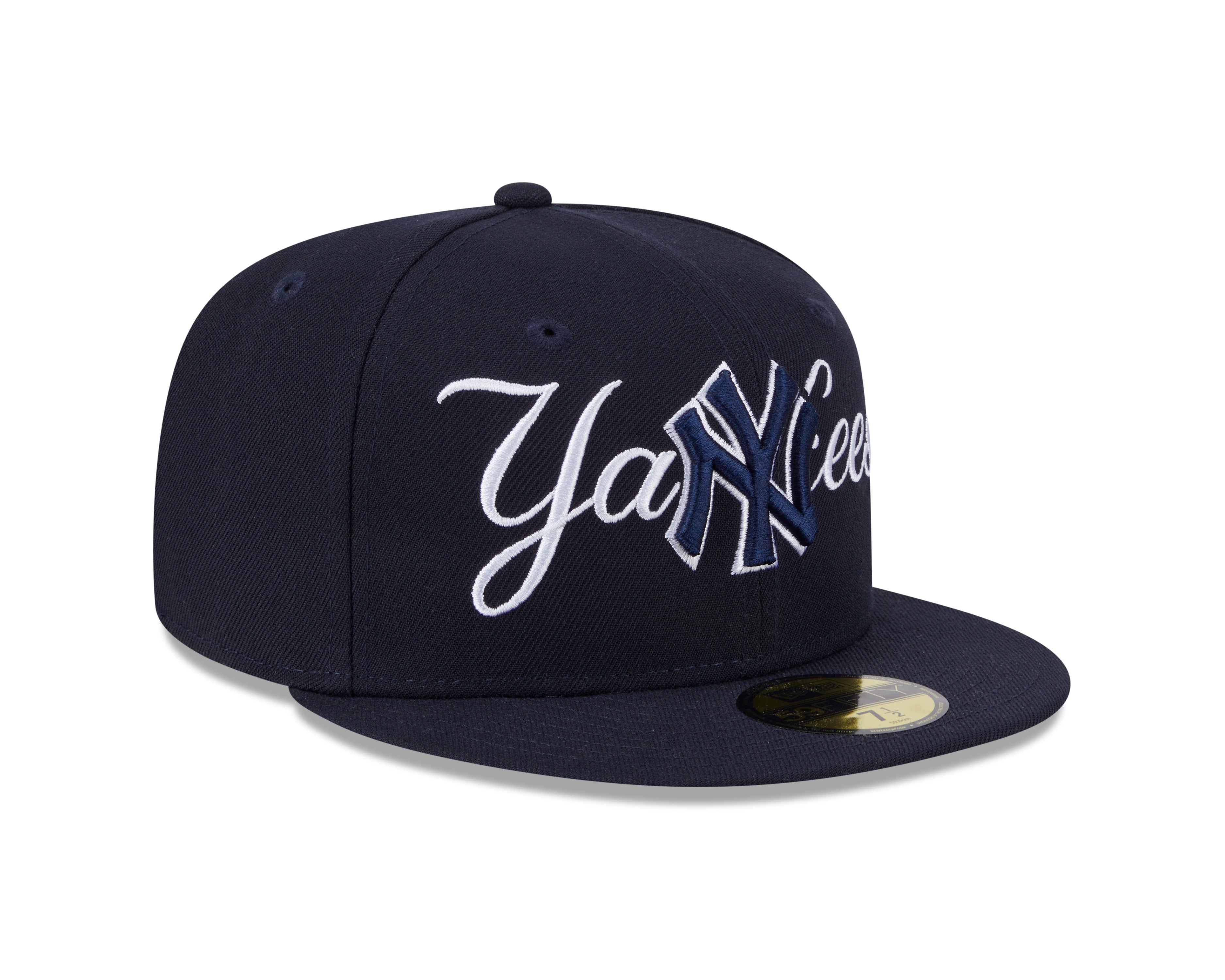 Casquette ajustée New York Yankees MLB New Era 59Fifty Overlap Scipt pour homme bleu marine foncé