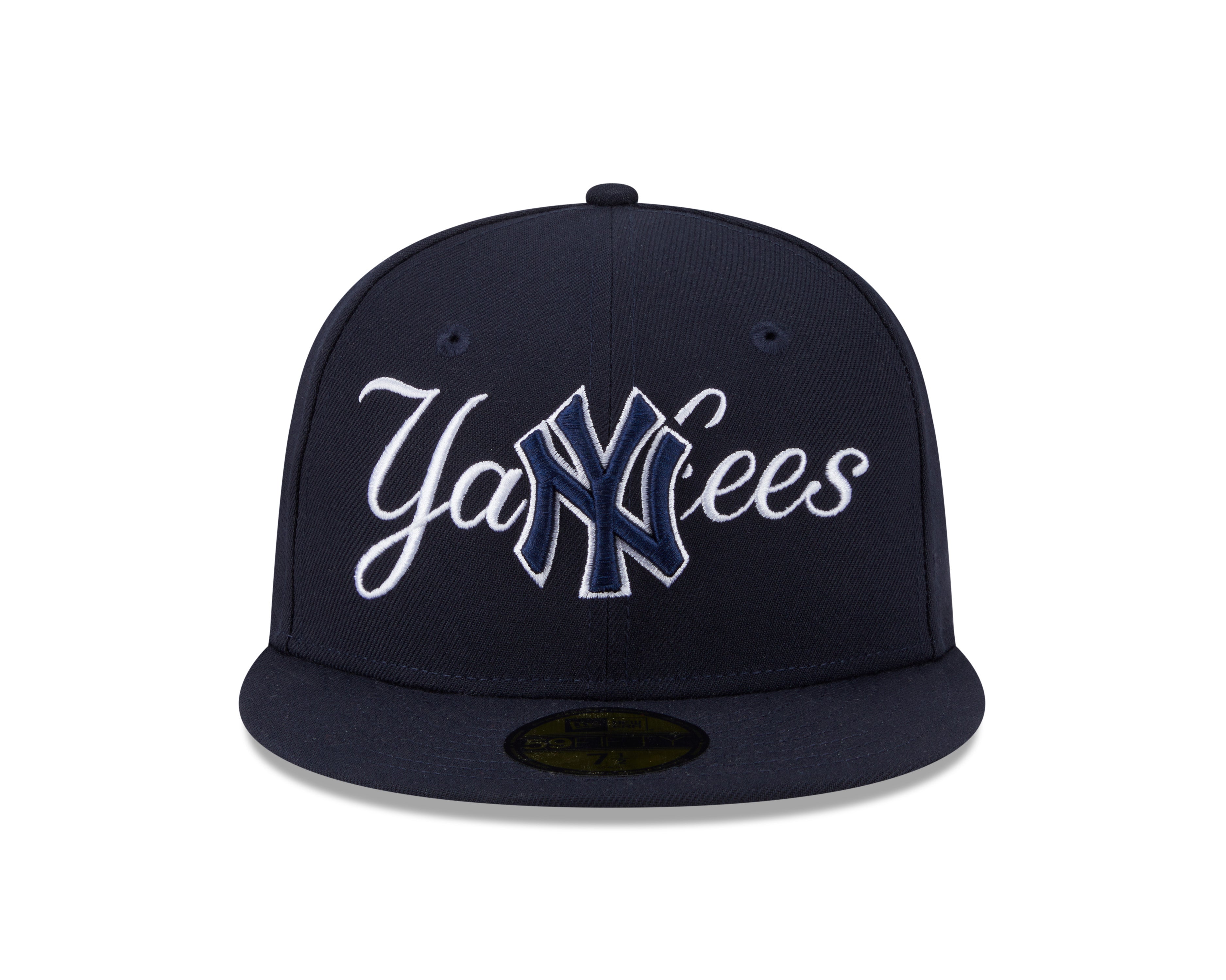 New York Yankees MLB New Era Men's Dark Navy 59Fifty Overlap Scipt Fitted Hat