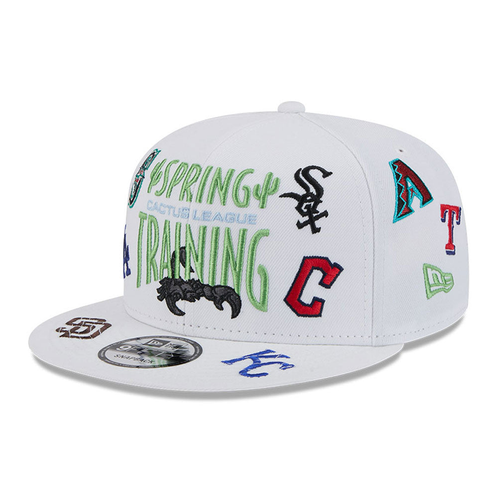 Casquette à visière plate Cactus League MLB New Era pour homme, blanche, 9Fifty 2025, entraînement de printemps, avec logo dispersé