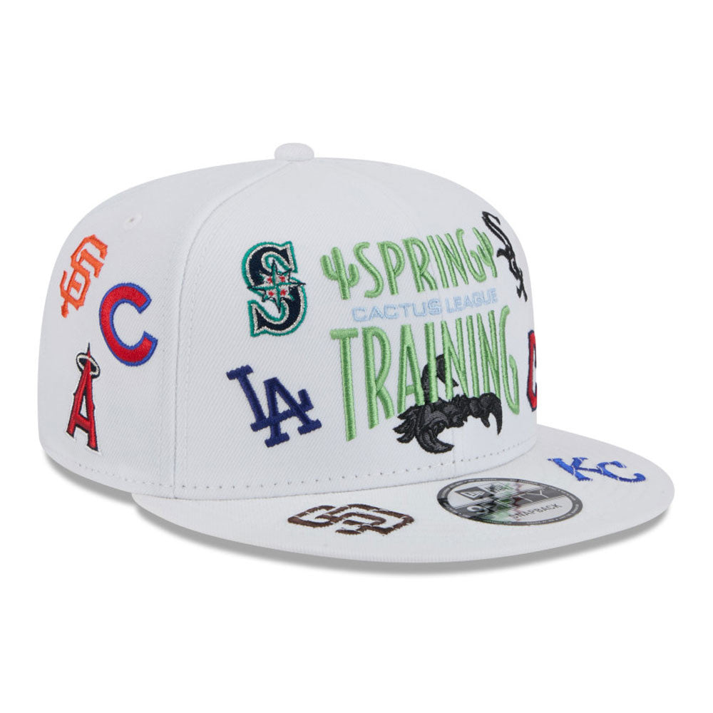 Casquette à visière plate Cactus League MLB New Era pour homme, blanche, 9Fifty 2025, entraînement de printemps, avec logo dispersé
