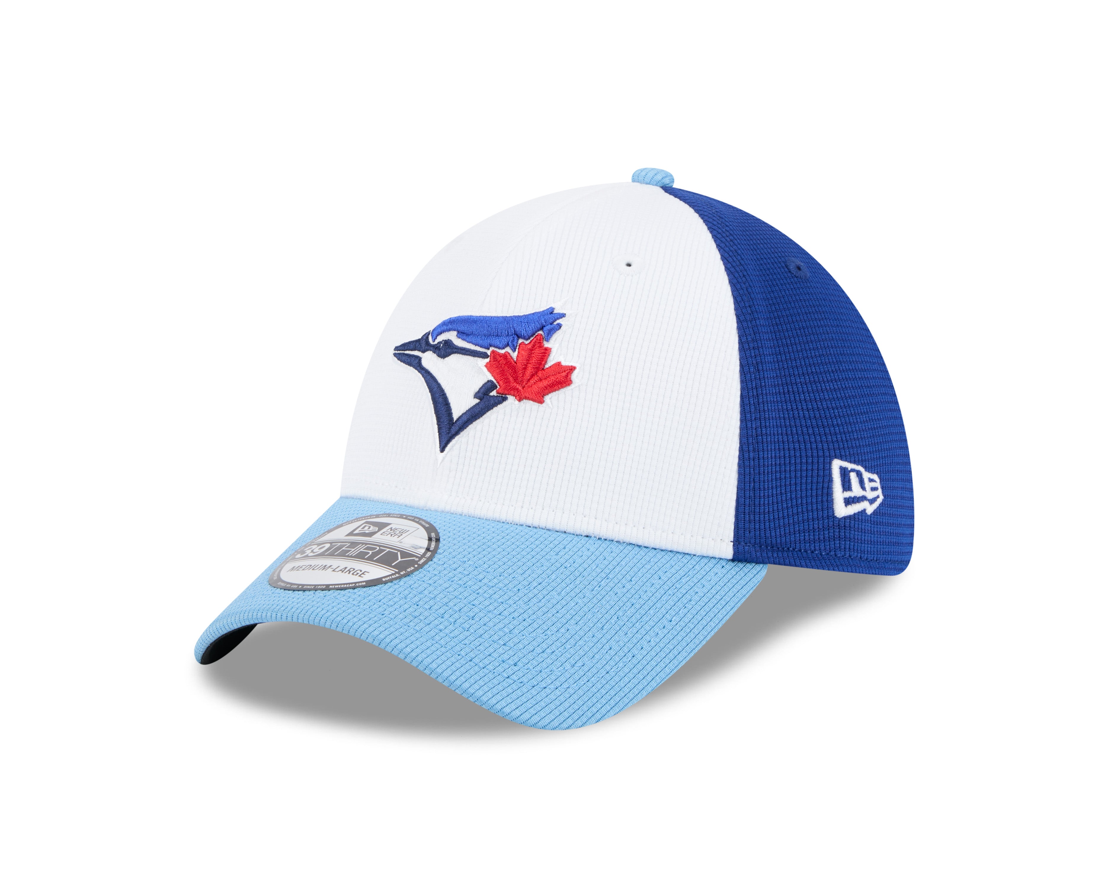 Casquette extensible d'entraînement de printemps 2025 MLB New Era pour homme, blanche/bleu clair, 39Thirty des Blue Jays de Toronto