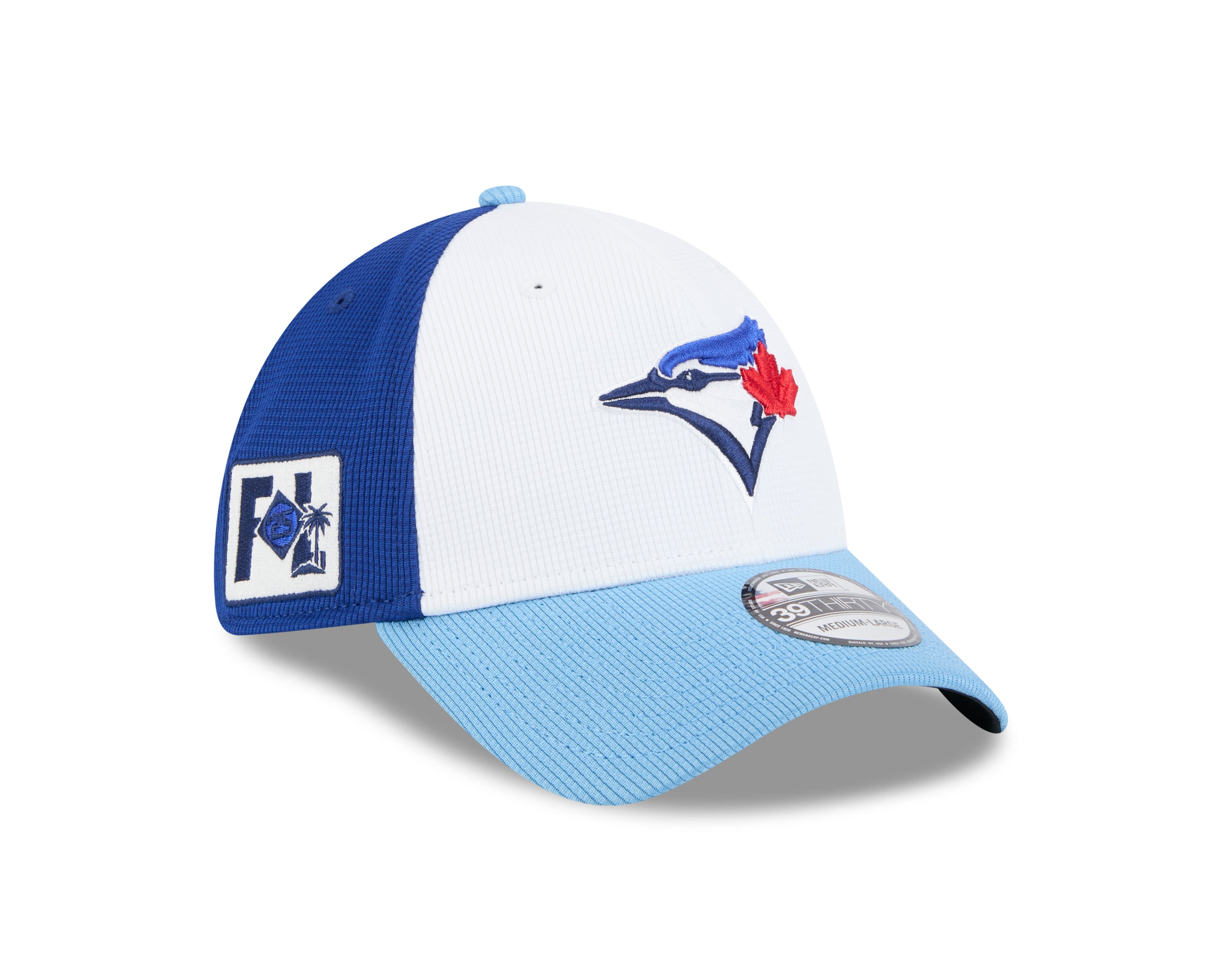 Casquette extensible d'entraînement de printemps 2025 MLB New Era pour homme, blanche/bleu clair, 39Thirty des Blue Jays de Toronto