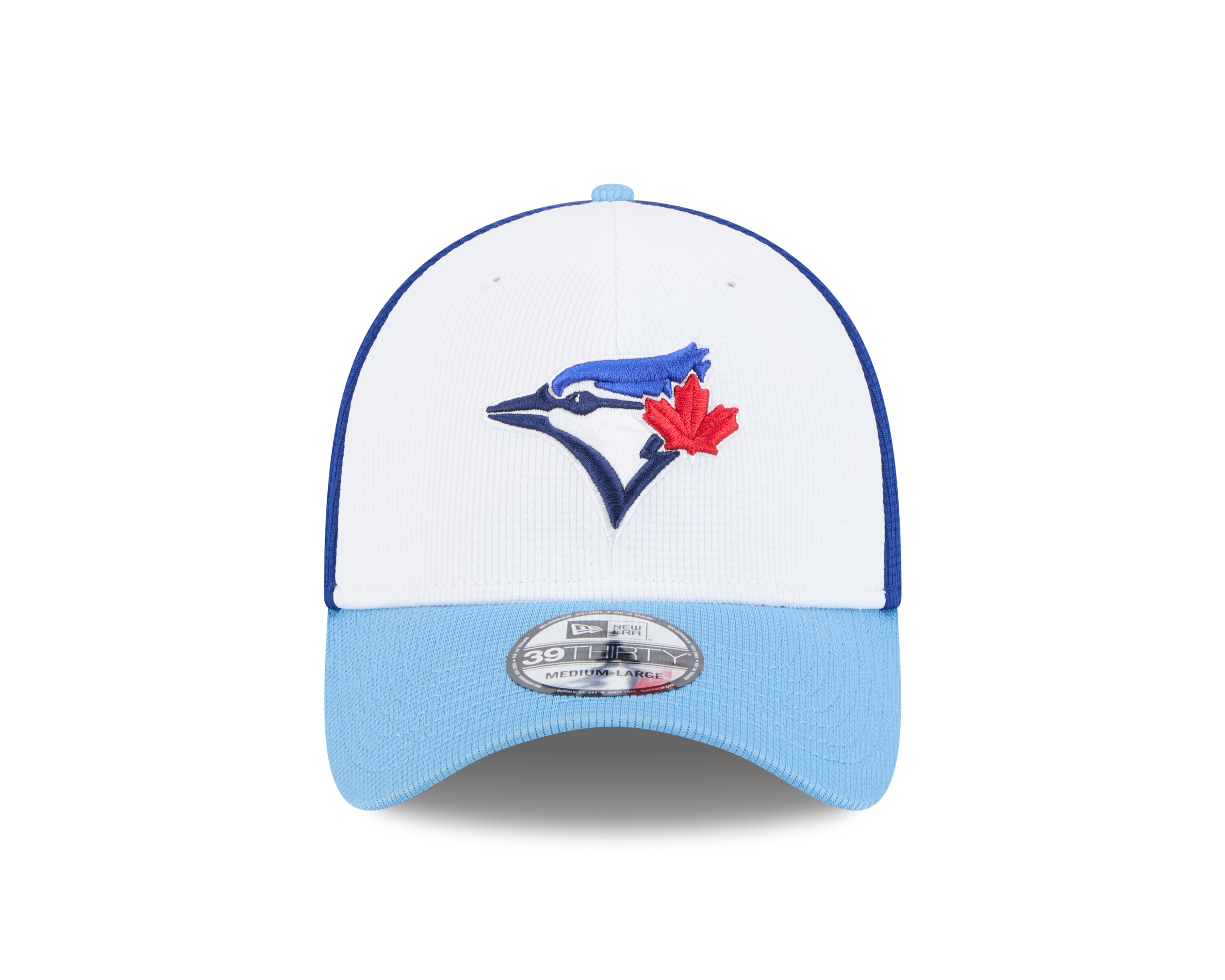 Casquette extensible d'entraînement de printemps 2025 MLB New Era pour homme, blanche/bleu clair, 39Thirty des Blue Jays de Toronto