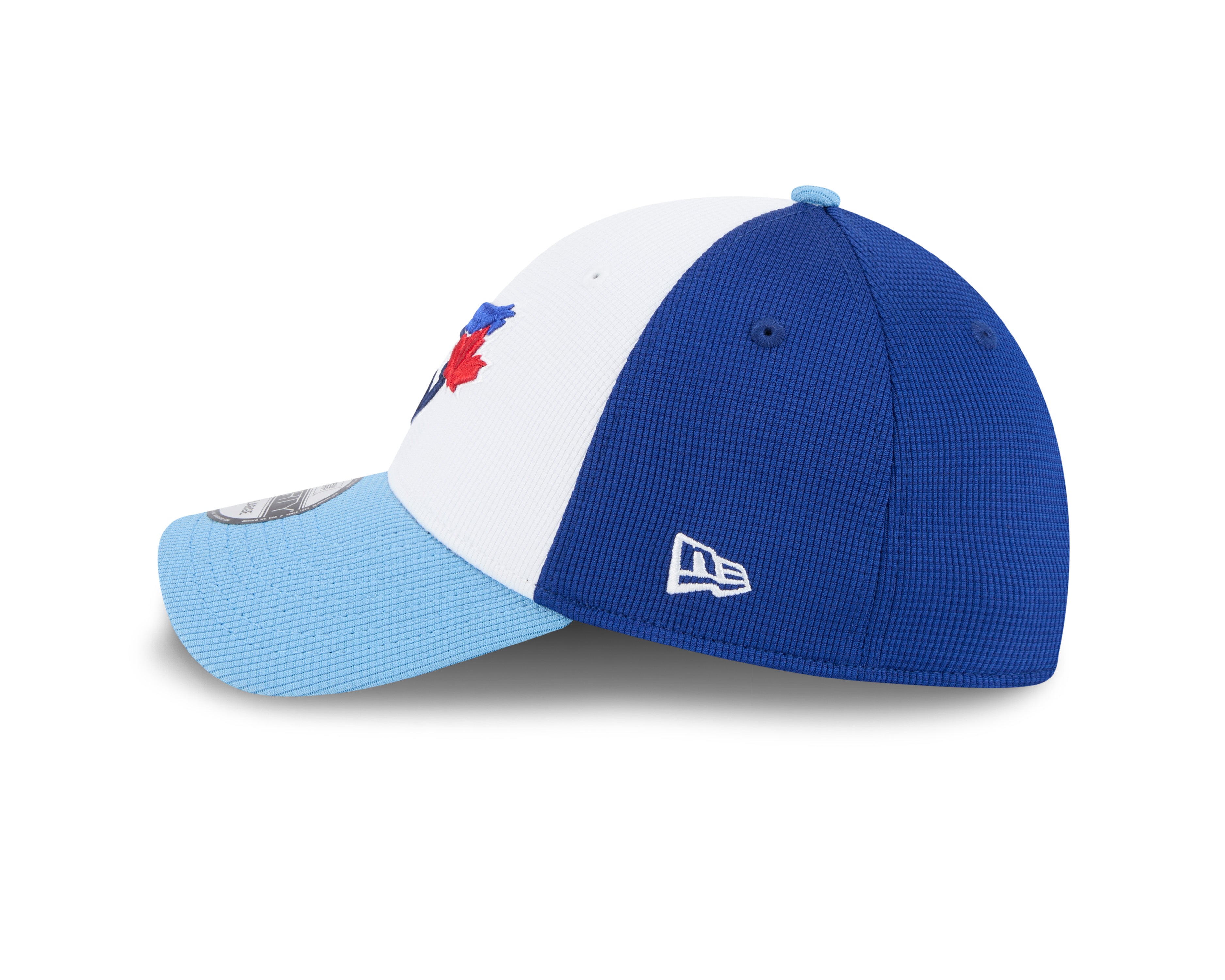 Casquette extensible d'entraînement de printemps 2025 MLB New Era pour homme, blanche/bleu clair, 39Thirty des Blue Jays de Toronto