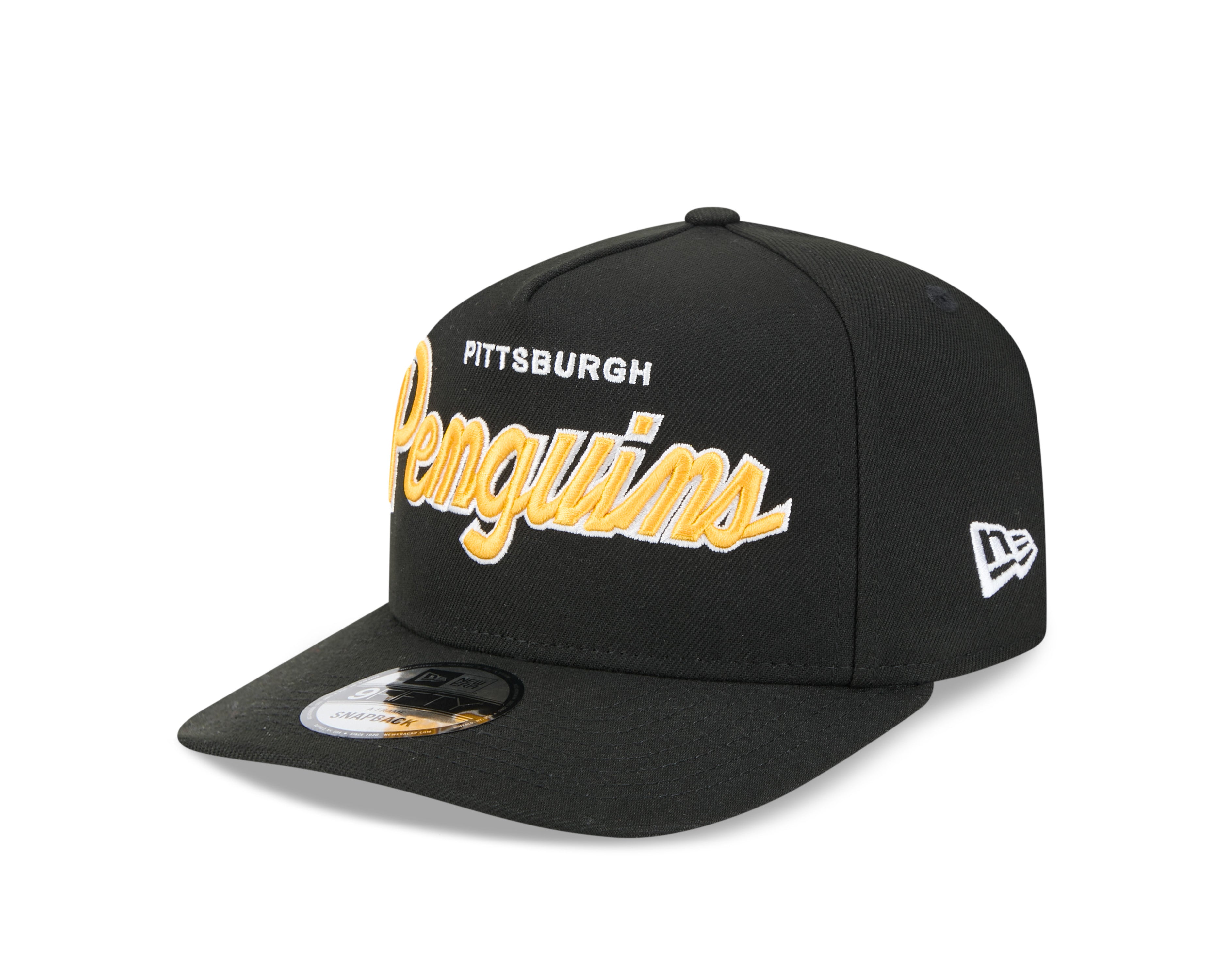 Casquette Snapback A-Frame 9FIfty Script noire pour homme des Penguins de Pittsburgh de la LNH de New Era
