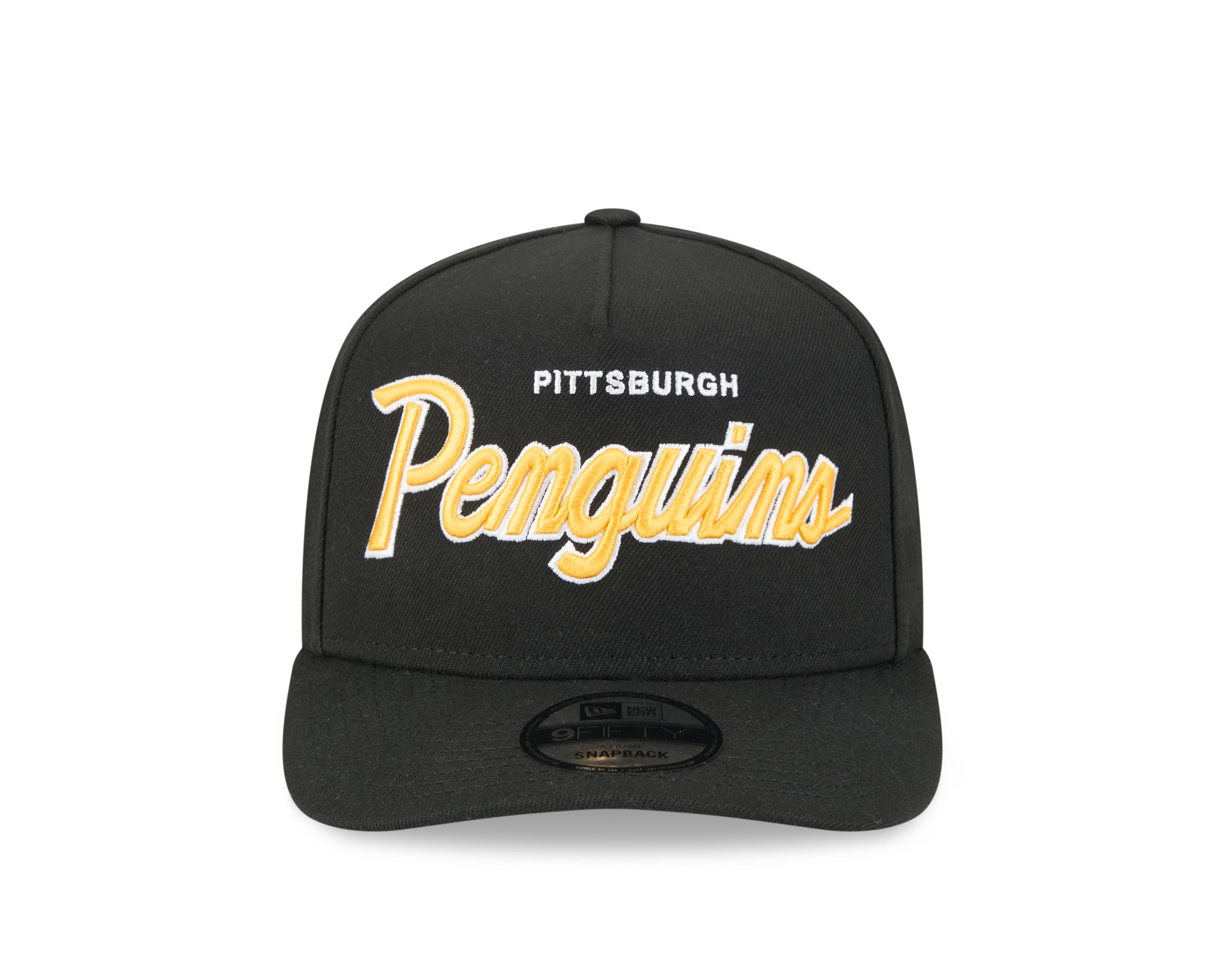 Casquette Snapback A-Frame 9FIfty Script noire pour homme des Penguins de Pittsburgh de la LNH de New Era