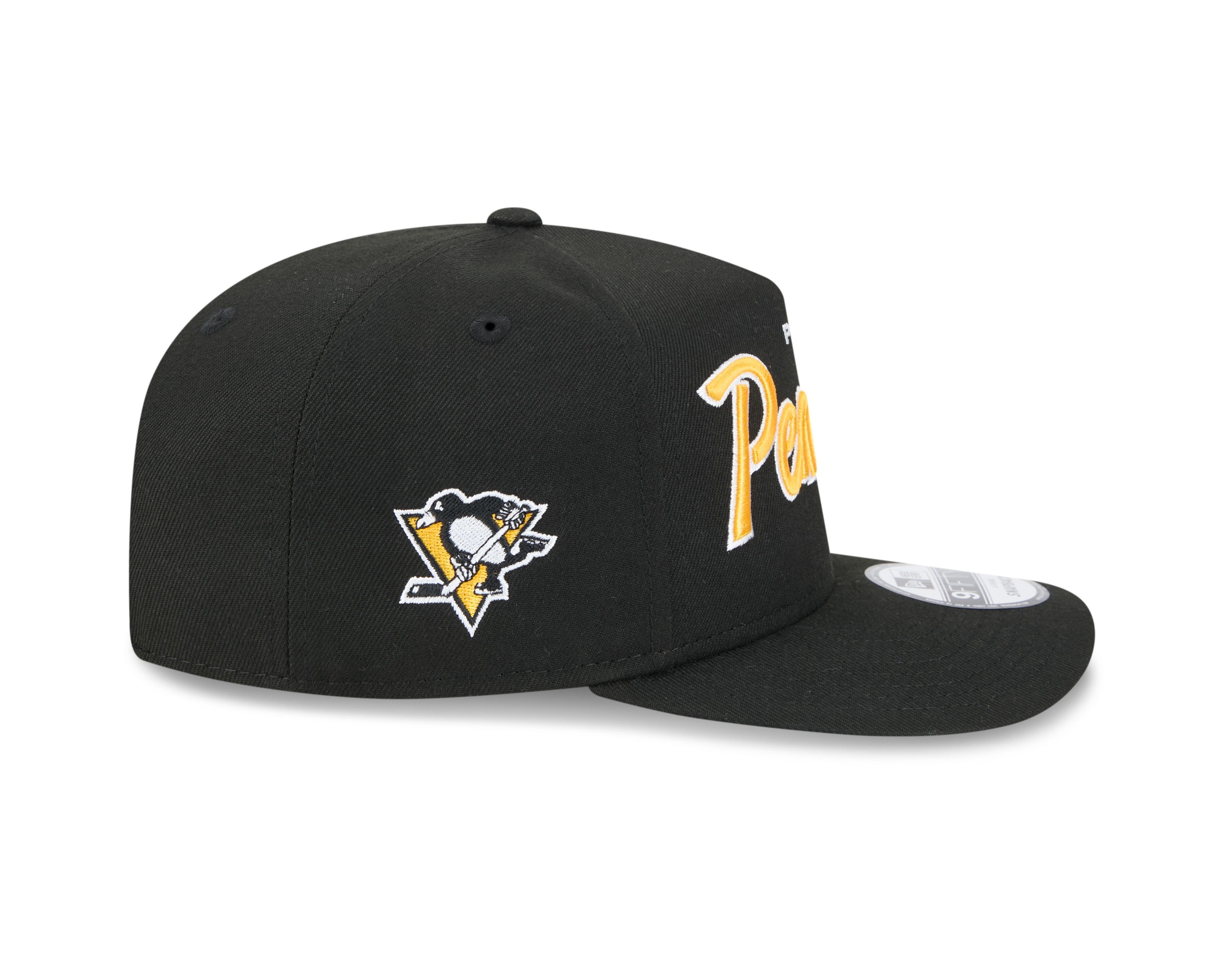 Casquette Snapback A-Frame 9FIfty Script noire pour homme des Penguins de Pittsburgh de la LNH de New Era