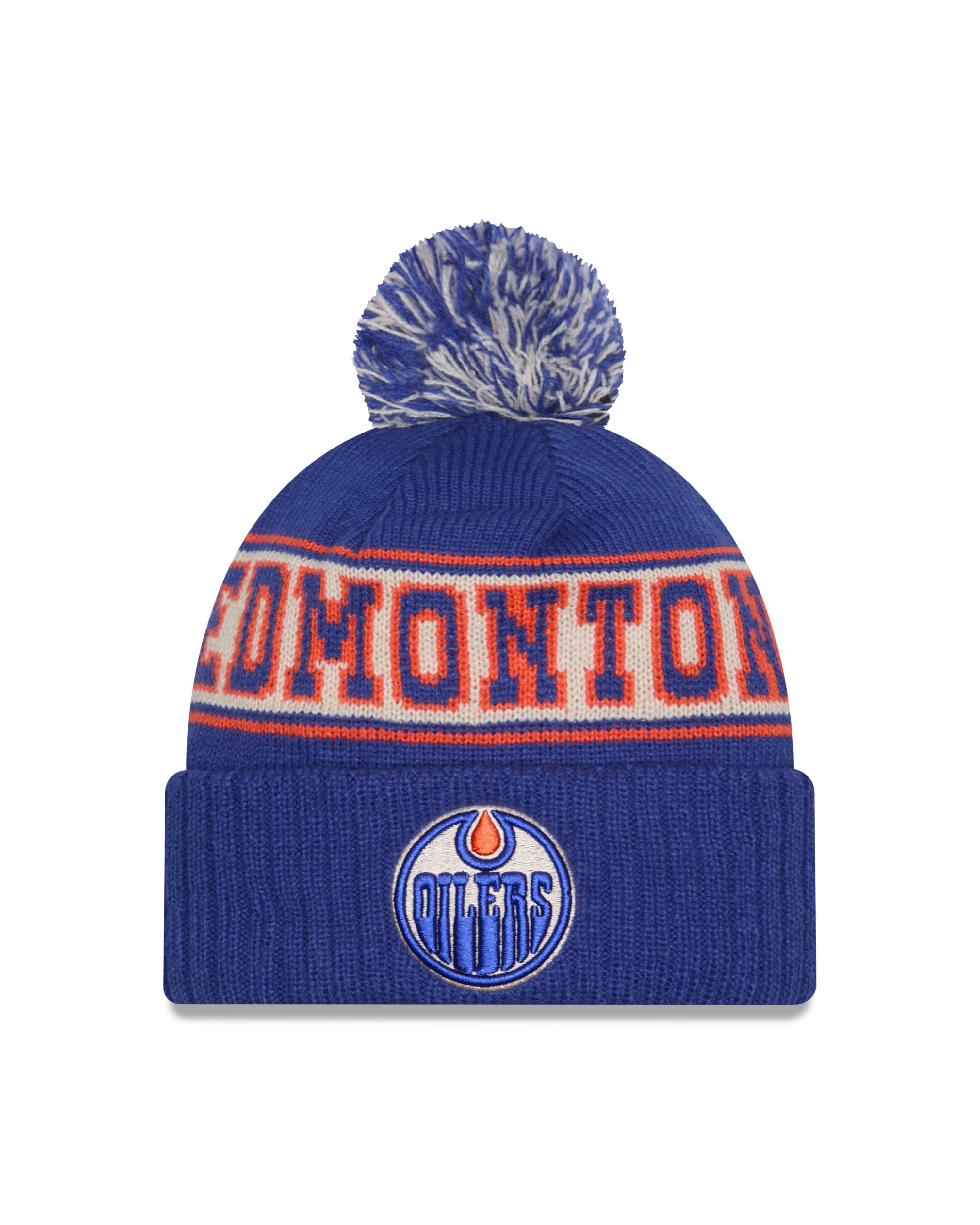 Bonnet à pompon en tricot bleu royal pour homme des Oilers d'Edmonton NHL New Era