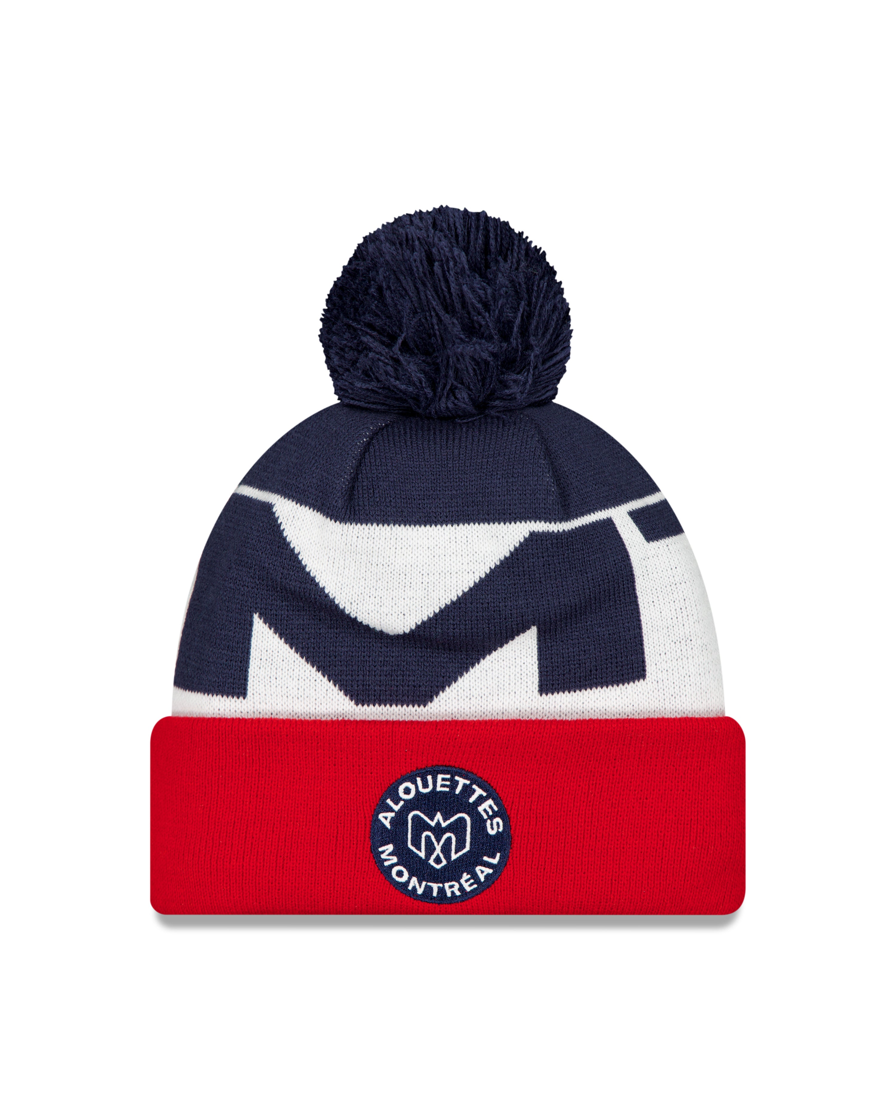 Bonnet en tricot à pompon avec revers de ligne de touche New Era bleu marine/rouge/blanc 2025 des Alouettes de Montréal de la LCF