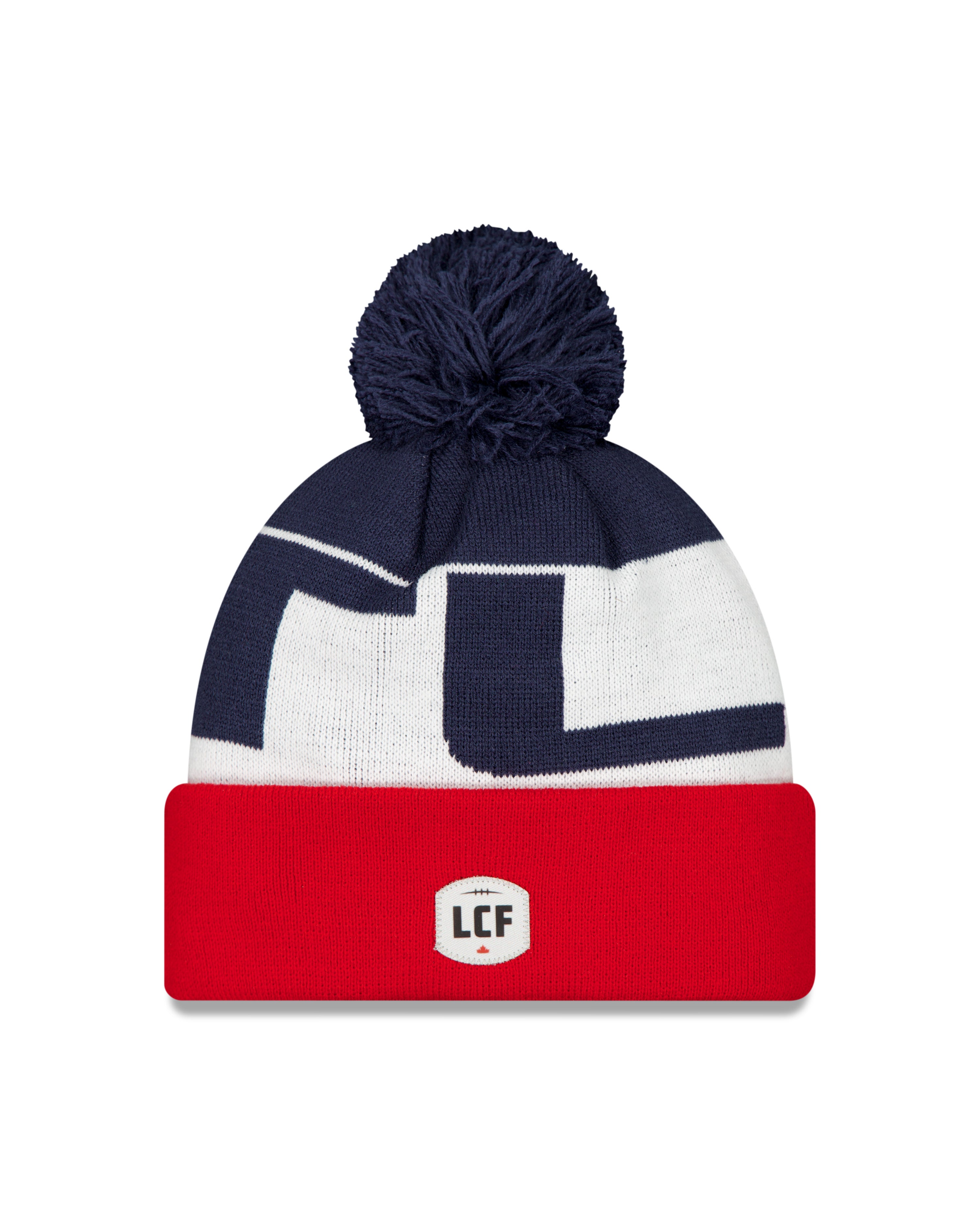 Montreal Alouettes CFL New Era Men's Navy/Red/White 2025 Sideline Cuff Pom Knit Hat