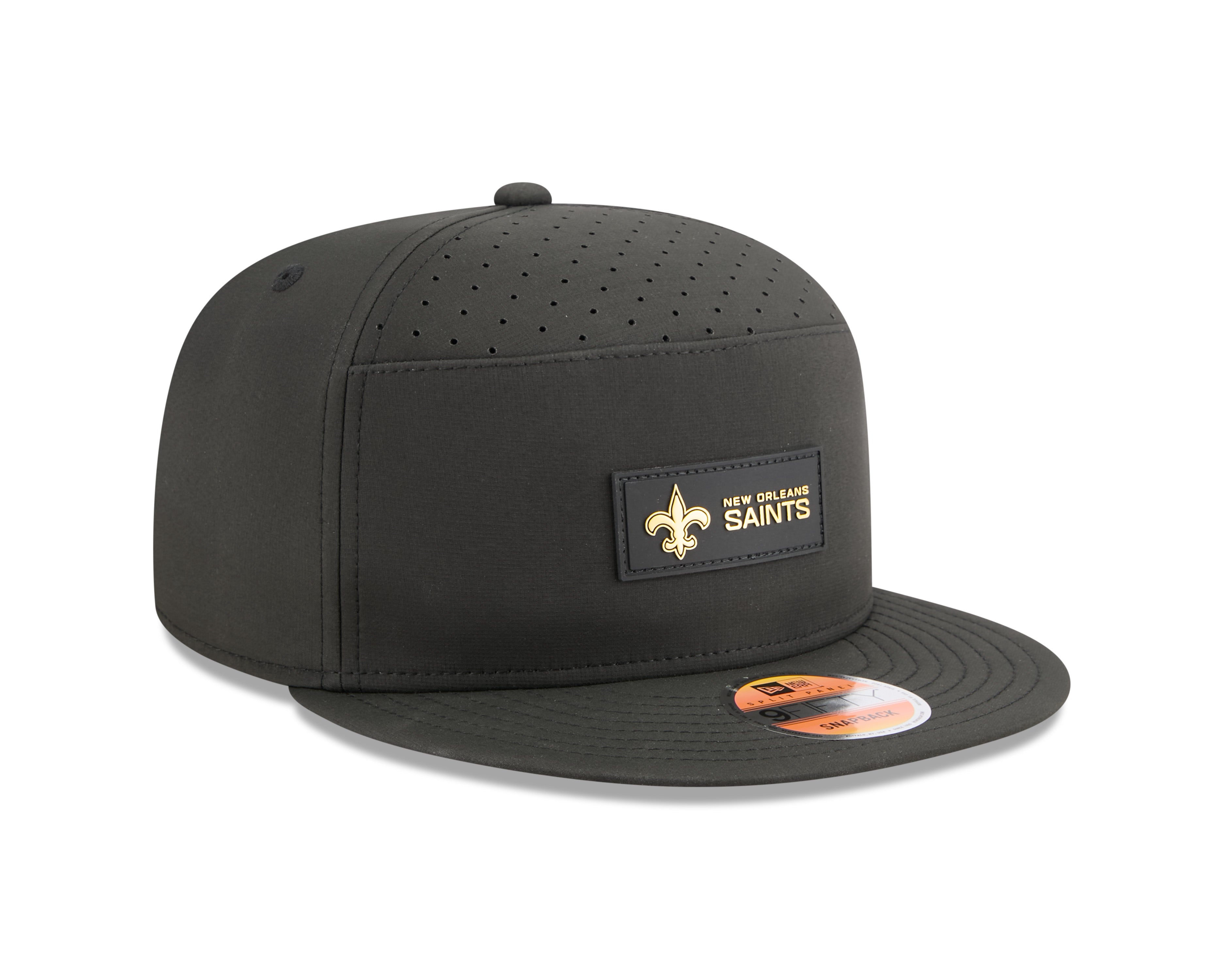 Casquette snapback New Era 9Fifty noire pour homme, modèle 2025, pour temps chaud, des Saints de la Nouvelle-Orléans, avec panneau fendu