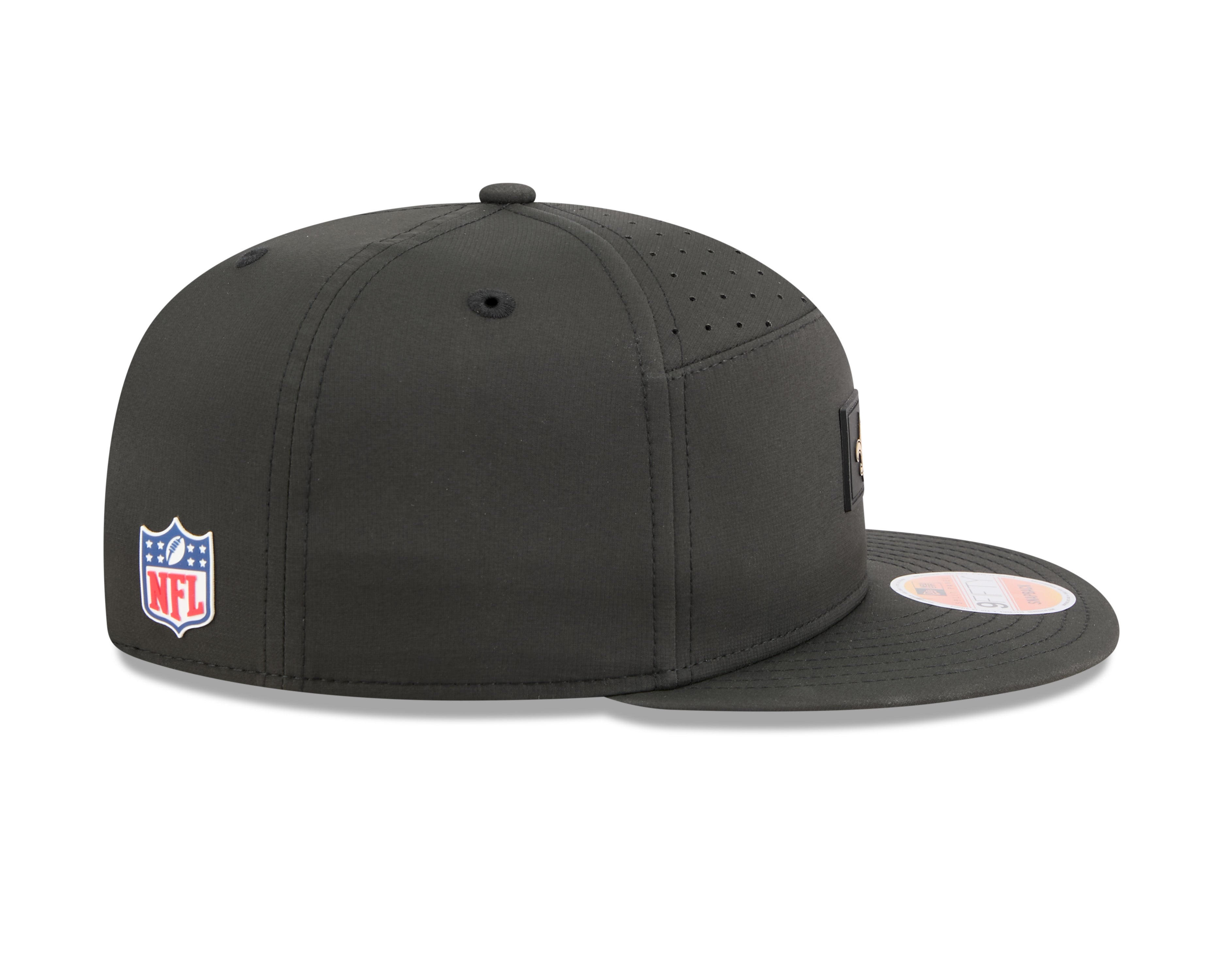 Casquette snapback New Era 9Fifty noire pour homme, modèle 2025, pour temps chaud, des Saints de la Nouvelle-Orléans, avec panneau fendu