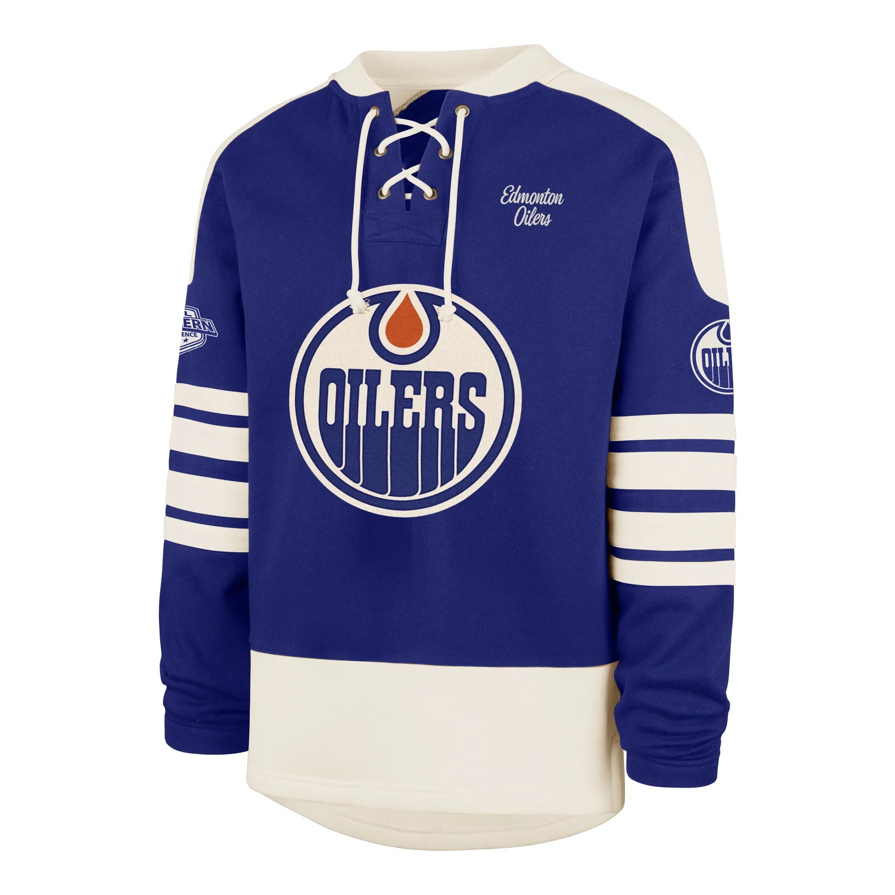 Edmonton Oilers NHL 47 Brand Men's Royal Blue Golden Age Sweep Check Eternal Lacer Crew Sweater