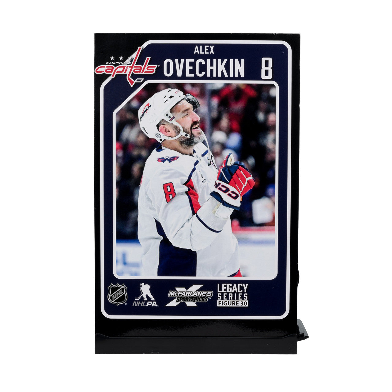 Figurine articulée de 18 cm d'Alexander Ovechkin des Capitals de Washington de la NHL, série Legacy, uniforme blanc, McFarlane Toys.