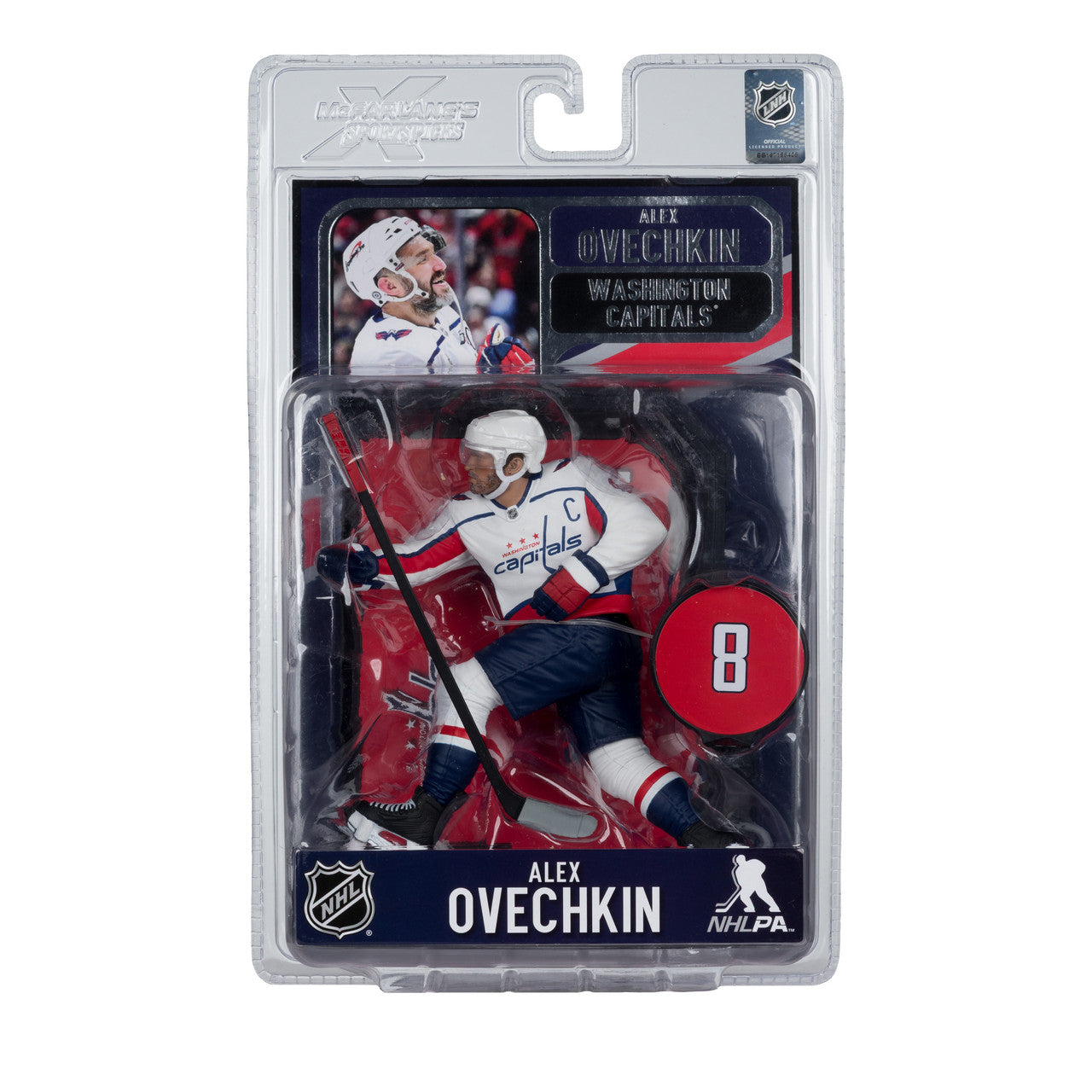 Figurine articulée de 18 cm d'Alexander Ovechkin des Capitals de Washington de la NHL, série Legacy, uniforme blanc, McFarlane Toys.