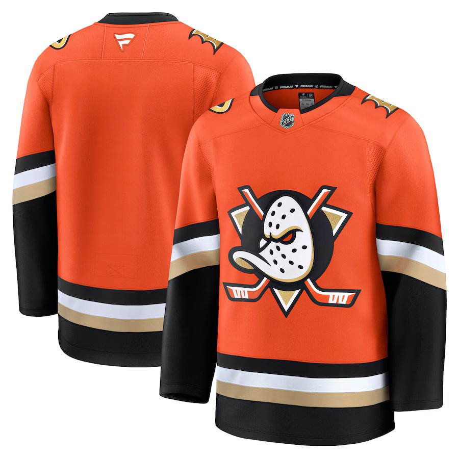 Maillot de hockey orange premium pour homme des Anaheim Ducks de la NHL, marque Fanatics.