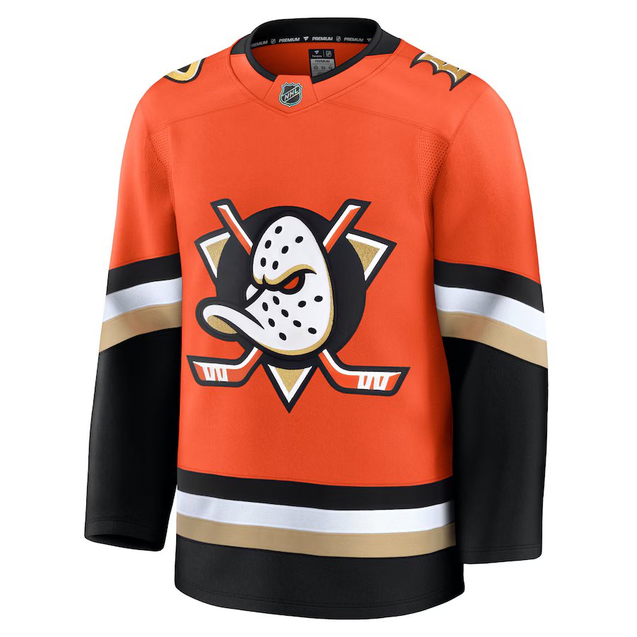 Maillot de hockey orange premium pour homme des Anaheim Ducks de la NHL, marque Fanatics.