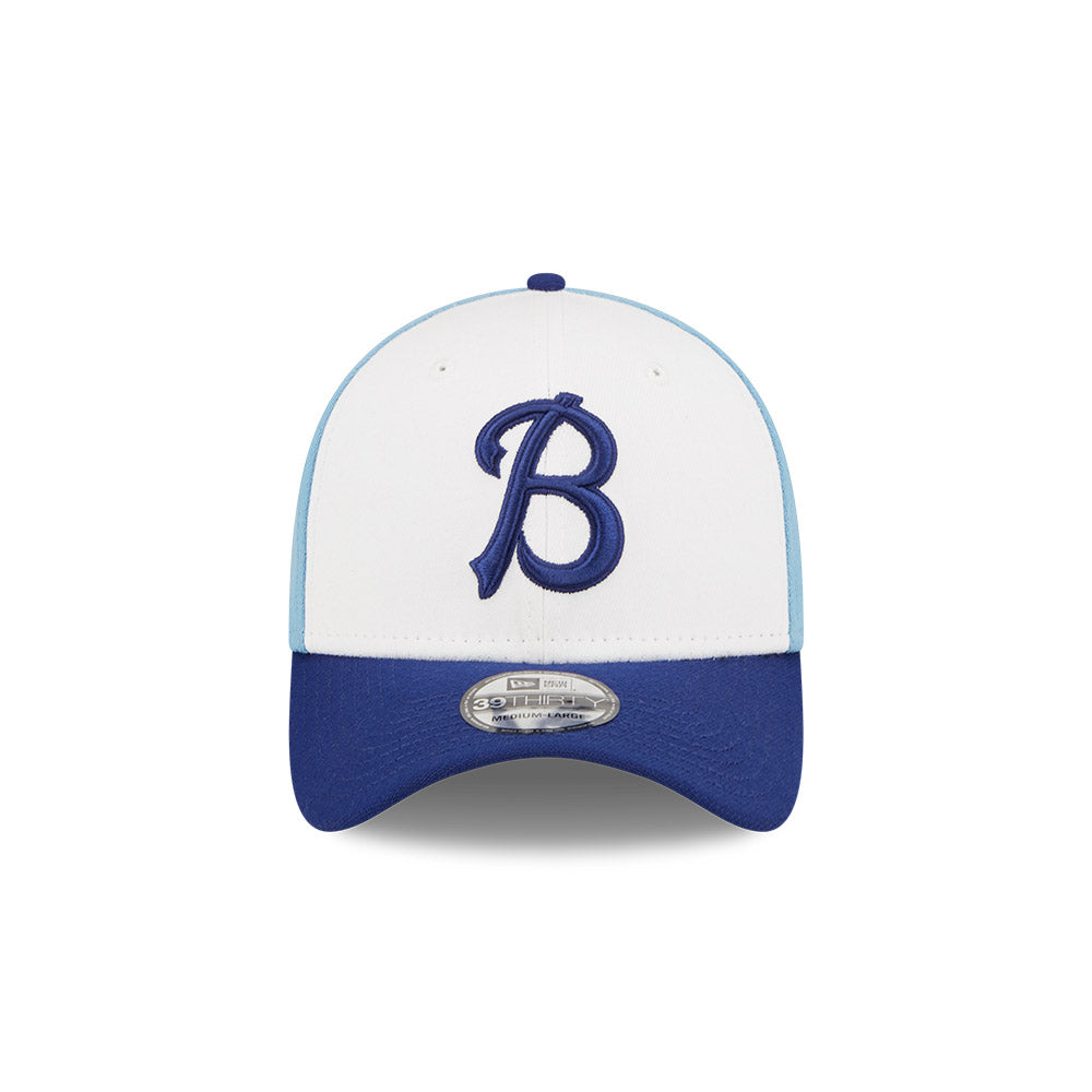 Casquette extensible Buffalo Bisons MiLB New Era pour homme, blanche/bleu marine, collection 39Thirty Alternate Authentic