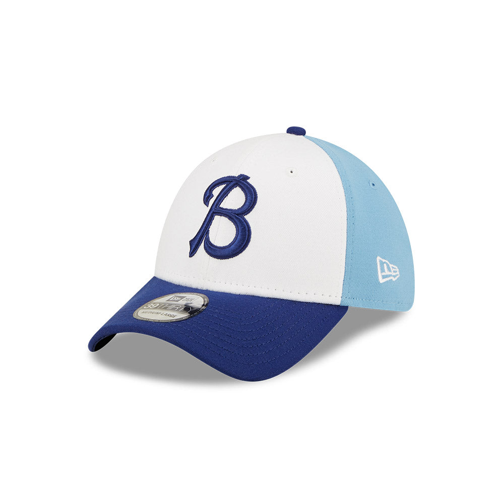 Casquette extensible Buffalo Bisons MiLB New Era pour homme, blanche/bleu marine, collection 39Thirty Alternate Authentic