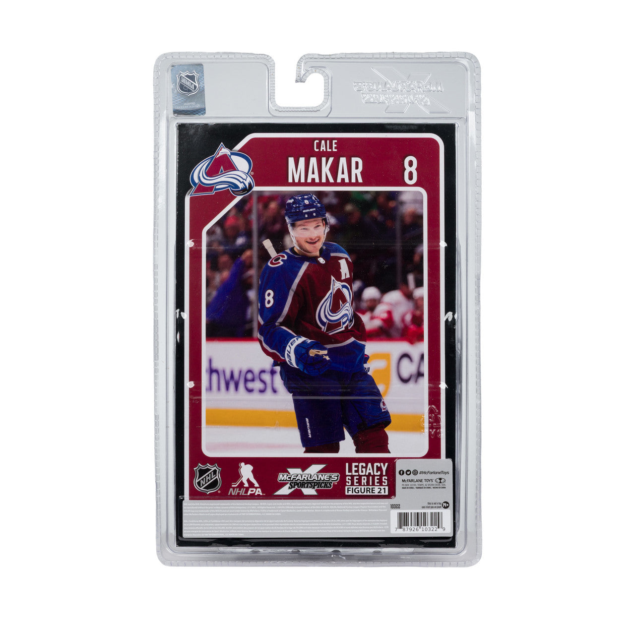 Cale Makar, Colorado Avalanche, NHL, McFarlane Toys, uniforme domicile, série Legacy, figurine articulée de 7 pouces.