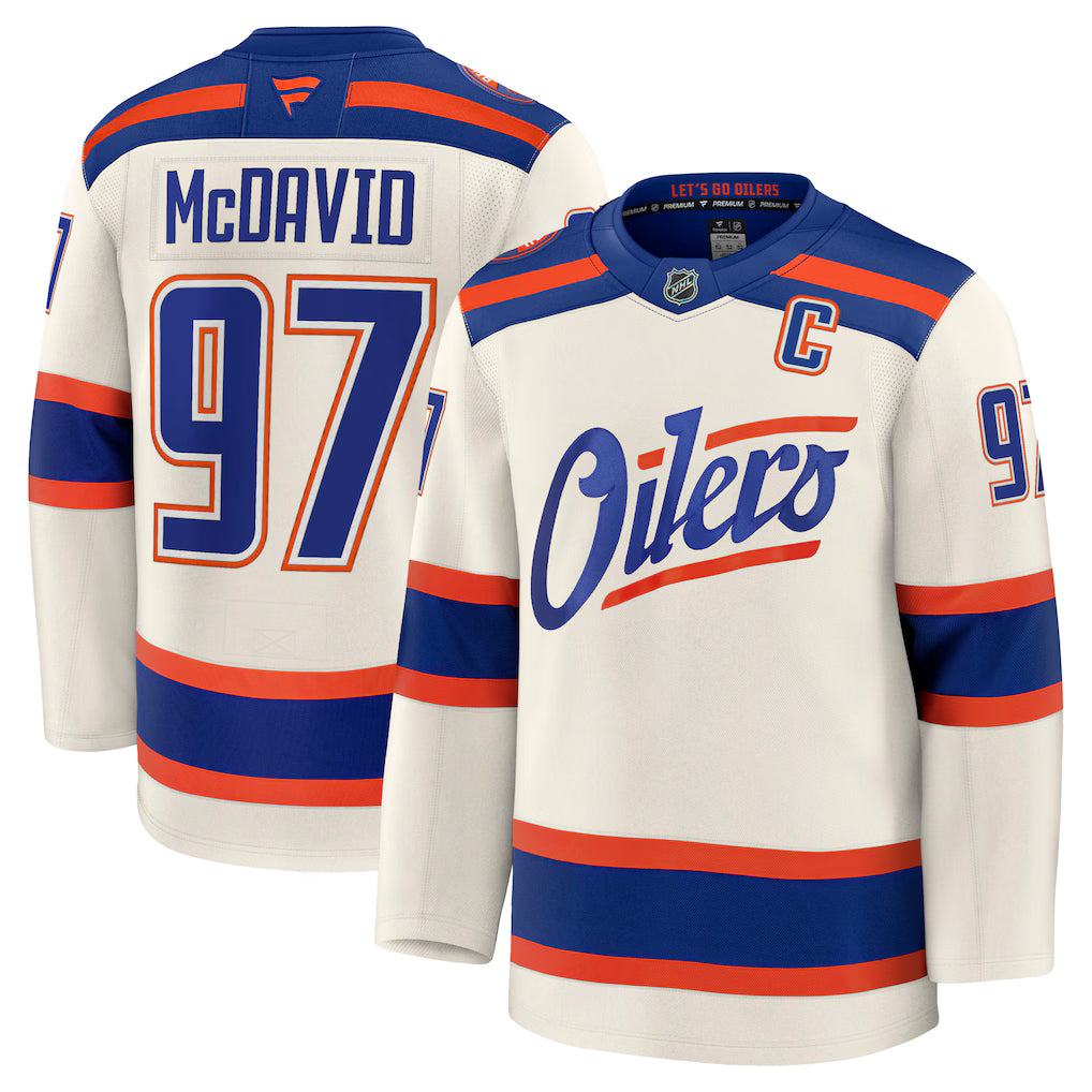 Maillot de hockey beige alternatif premium pour homme de la marque Fanatics, Connor McDavid, Edmonton Oilers, NHL.