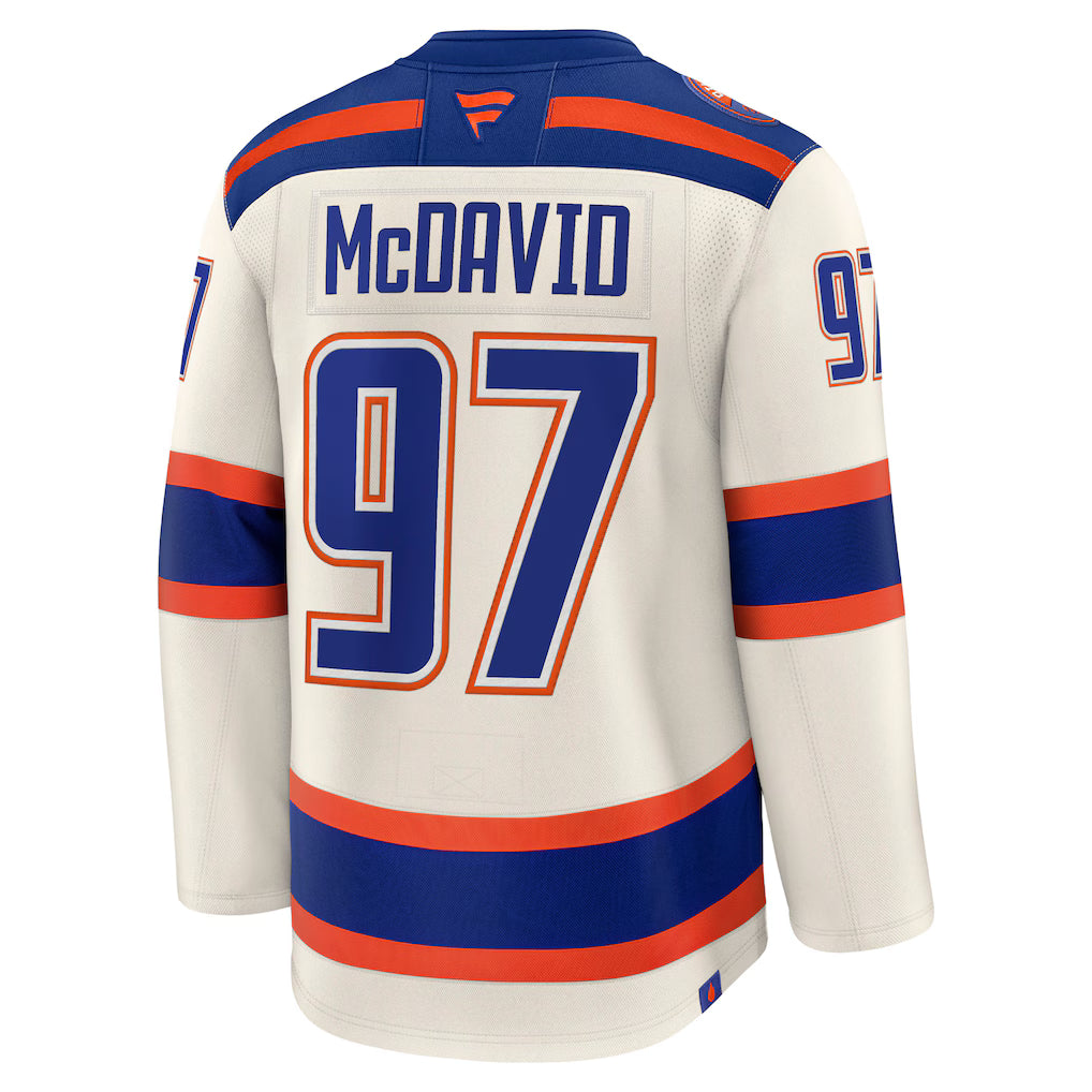Maillot de hockey beige alternatif premium pour homme de la marque Fanatics, Connor McDavid, Edmonton Oilers, NHL.