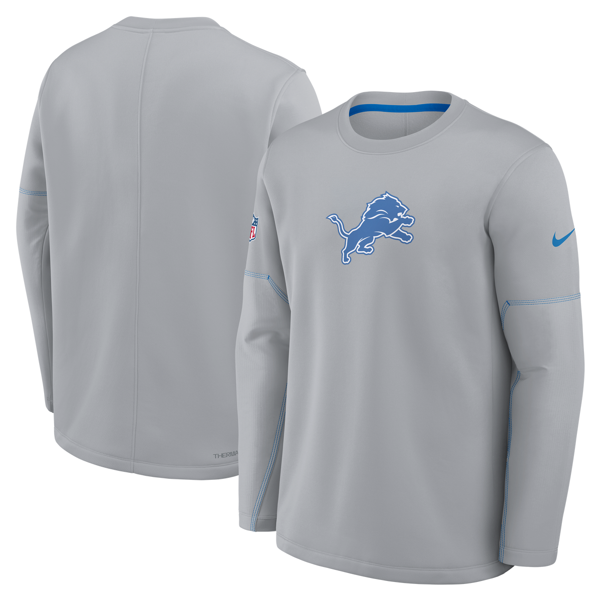 Detroit Lions NFL Nike Men's Grey Sideline Coaches Midweight Therma-FIT Crew Long-sleeve Shirt