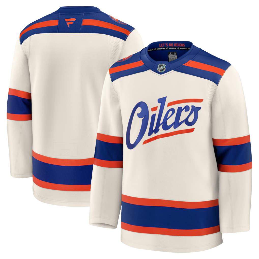 Jersey de hockey beige alternatif pour homme de la marque Fanatics Branded de la NHL, équipe des Oilers d'Edmonton.