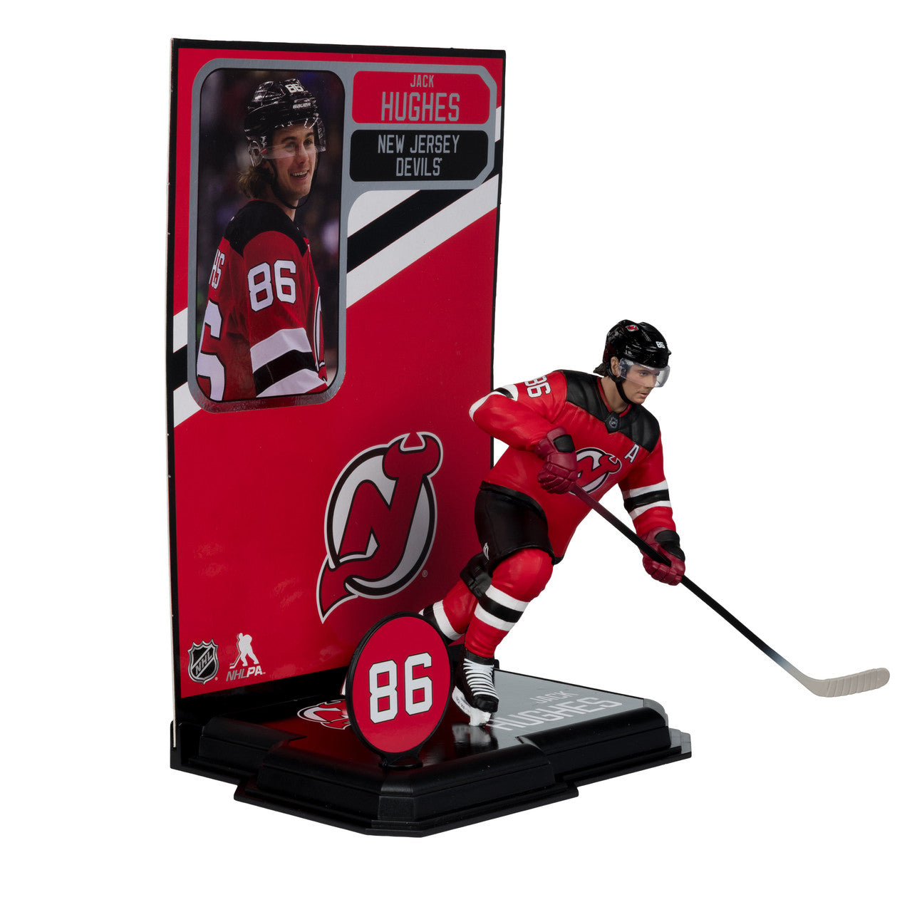 Figurine articulée de 18 cm de Jack Hughes des Devils du New Jersey de la NHL, série Legacy, uniforme domicile, McFarlane Toys.
