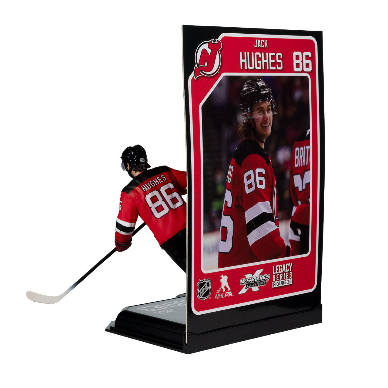 Figurine articulée de 18 cm de Jack Hughes des Devils du New Jersey de la NHL, série Legacy, uniforme domicile, McFarlane Toys.
