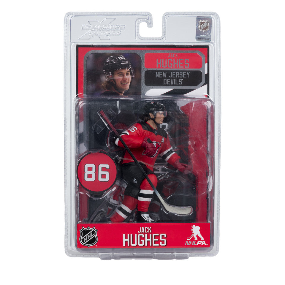 Figurine articulée de 18 cm de Jack Hughes des Devils du New Jersey de la NHL, série Legacy, uniforme domicile, McFarlane Toys.