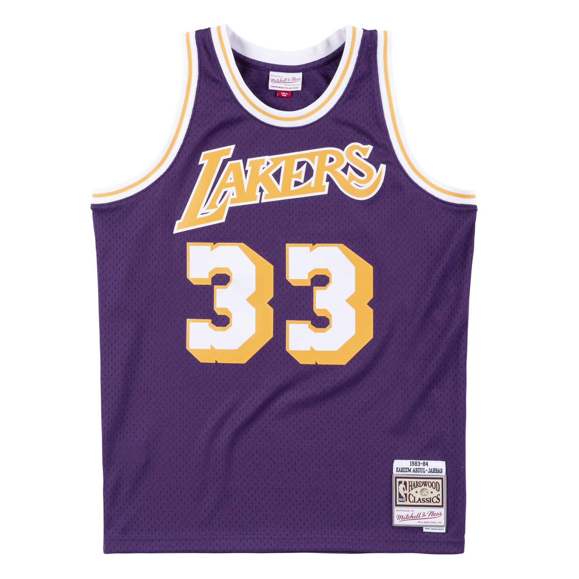 Kareem Abdul-Jabbar Los Angeles Lakers NBA Mitchell & Ness Men's Purple 1983-84 Hardwood Classics Swingman Jersey