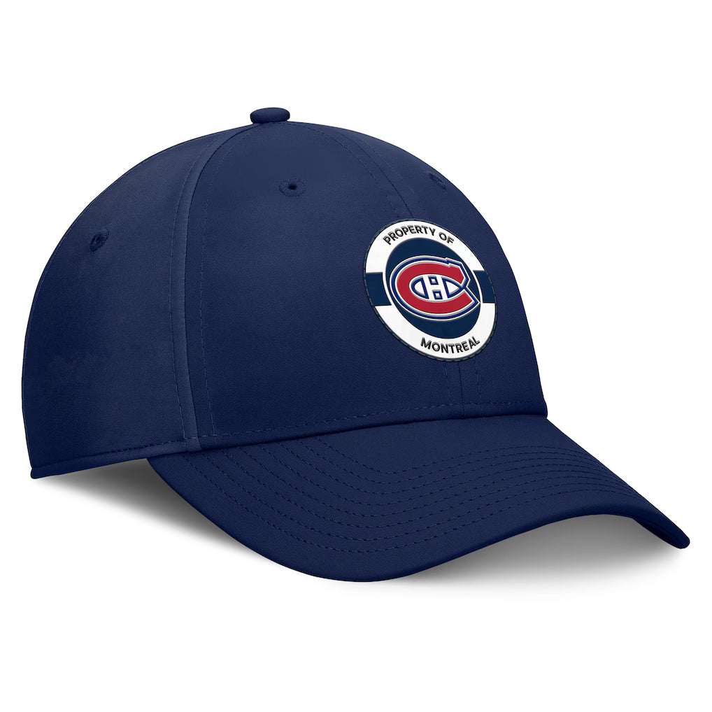 Casquette extensible pour homme de marque NHL Fanatics des Canadiens de Montréal, bleu marine, Authentic Pro 2025 Training Camp