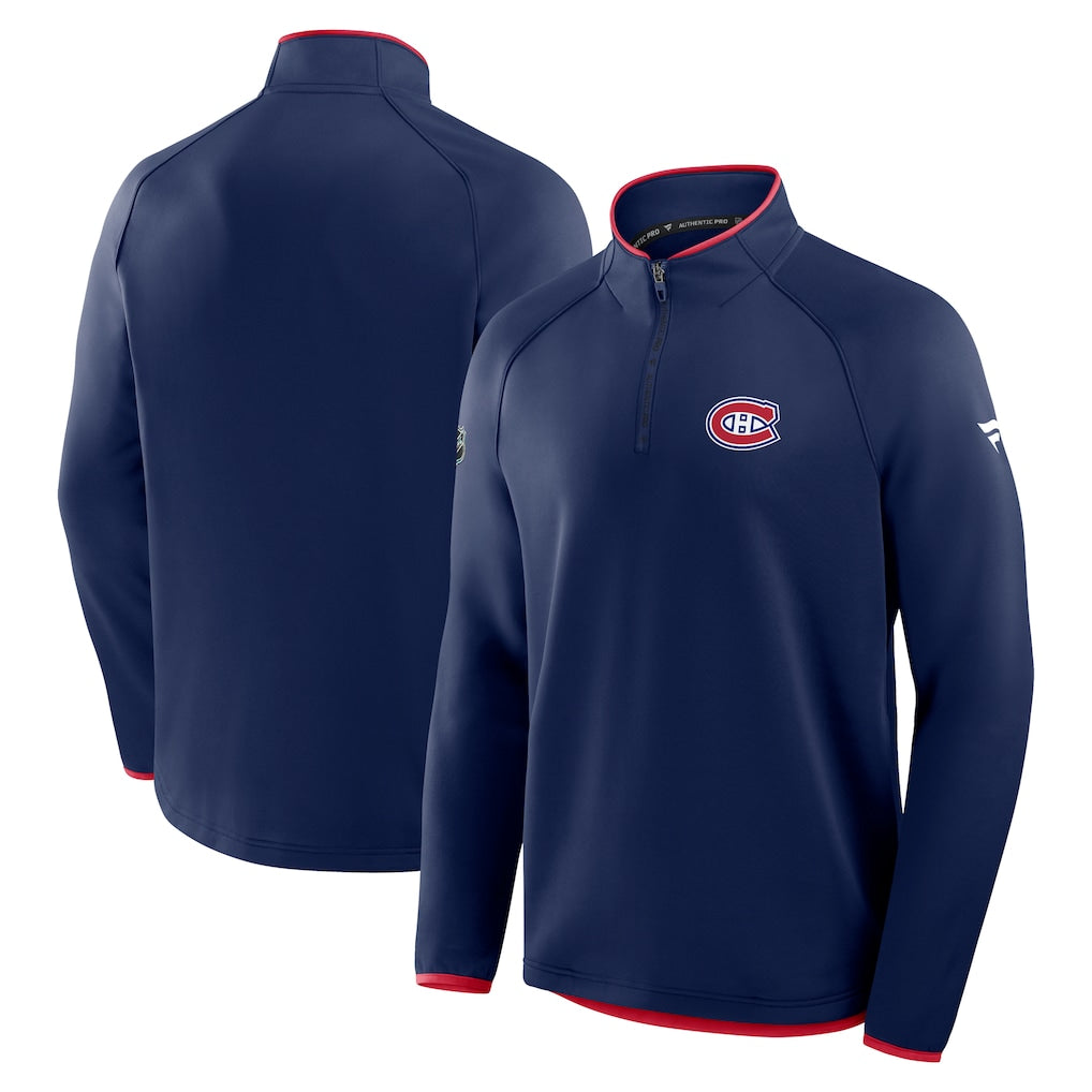Chemise d'entraînement authentique Pro Rink à manches longues et fermeture éclair 1/4 pour homme, bleu marine, marque Fanatics, des Canadiens de Montréal (NHL).