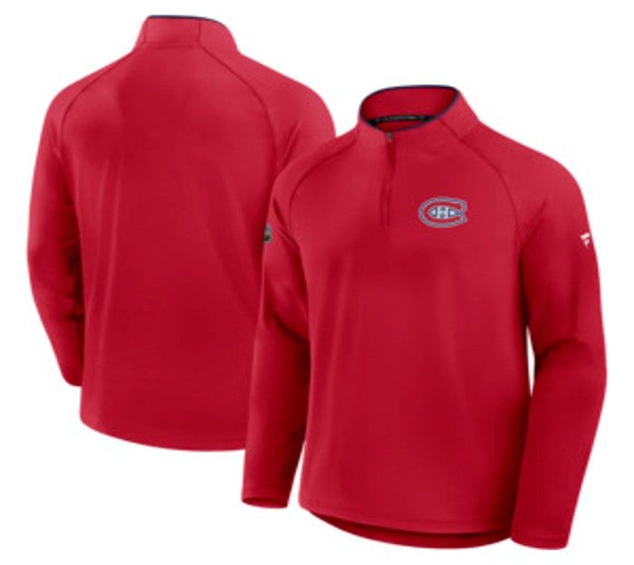 T-shirt d'entraînement à manches longues et fermeture éclair 1/4 pour homme de marque Fanatics NHL des Canadiens de Montréal, rouge, authentique, Pro Rink