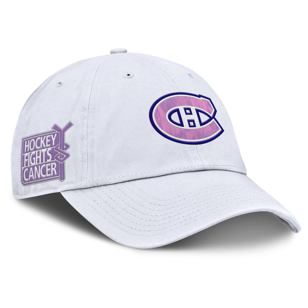 Casquette ajustable authentique professionnelle blanche 2025 des Canadiens de Montréal (NHL, marque Fanatics) - Hockey contre le cancer