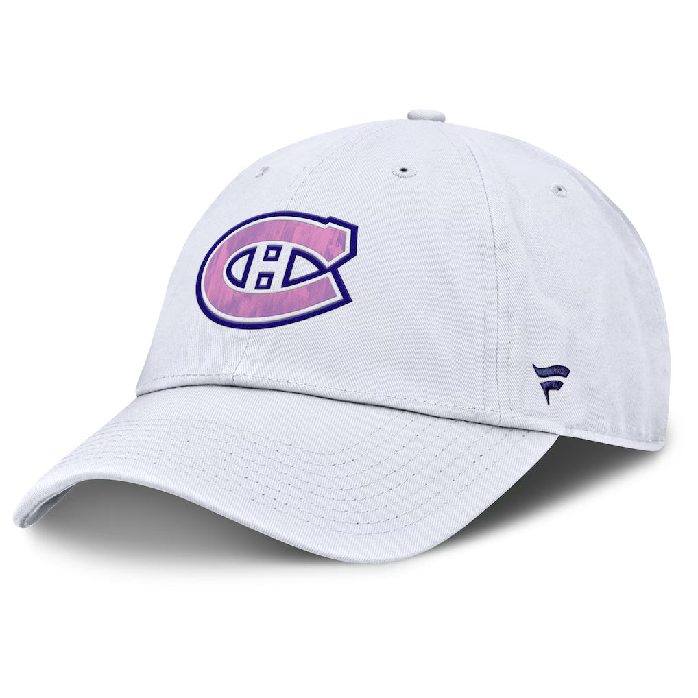 Casquette ajustable authentique professionnelle blanche 2025 des Canadiens de Montréal (NHL, marque Fanatics) - Hockey contre le cancer
