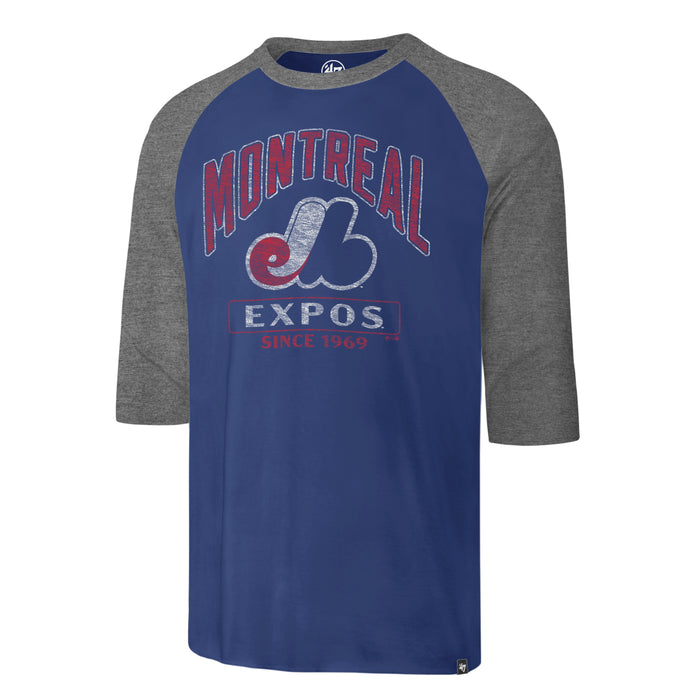 Montreal Expos MLB 47 Brand Men's Royal Tracer Franklin Raglan 3/4 Sleeve Shirt