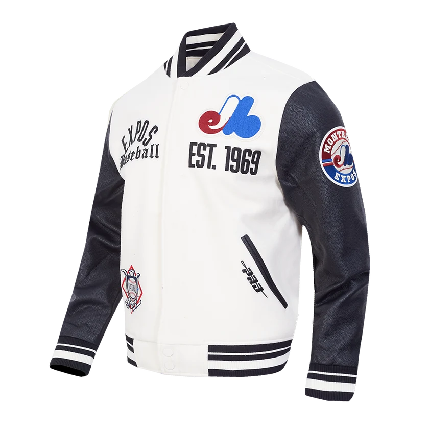 Veste universitaire en laine côtelée Modern Originals pour homme, couleur coquille d'œuf/noir, modèle Pro Standard des Expos de Montréal (MLB).
