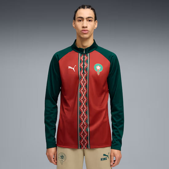 Maillot à manches longues 1/4 zippé Puma rouge de l'équipe nationale du Maroc pour homme