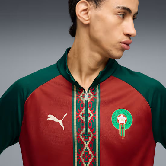 Maillot à manches longues 1/4 zippé Puma rouge de l'équipe nationale du Maroc pour homme